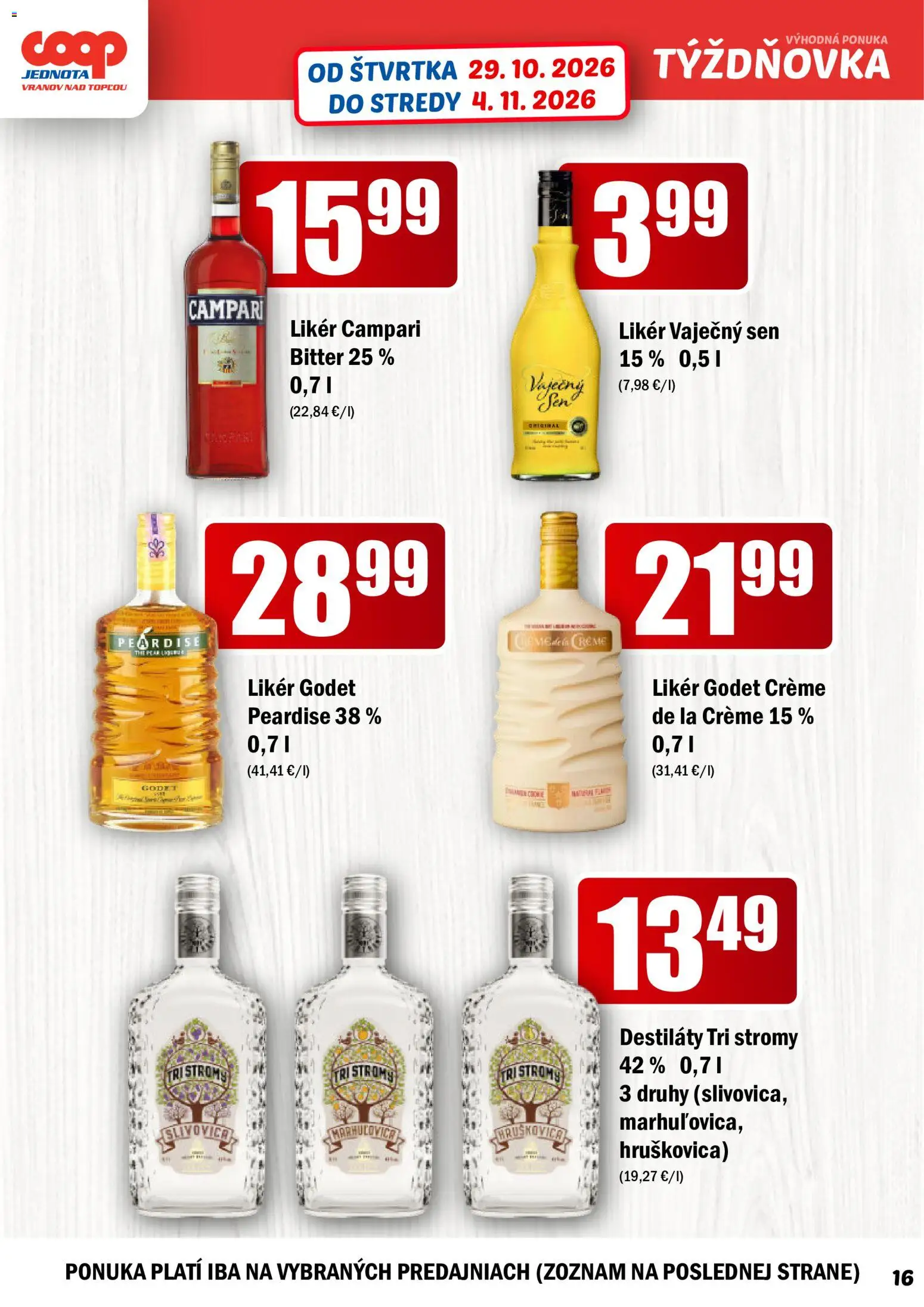 Nové COOP Jednota akcie – leták je platný od 29.10.2026 | Strana: 16 | Produkty: Hruškovica, Campari, Vaječný sen