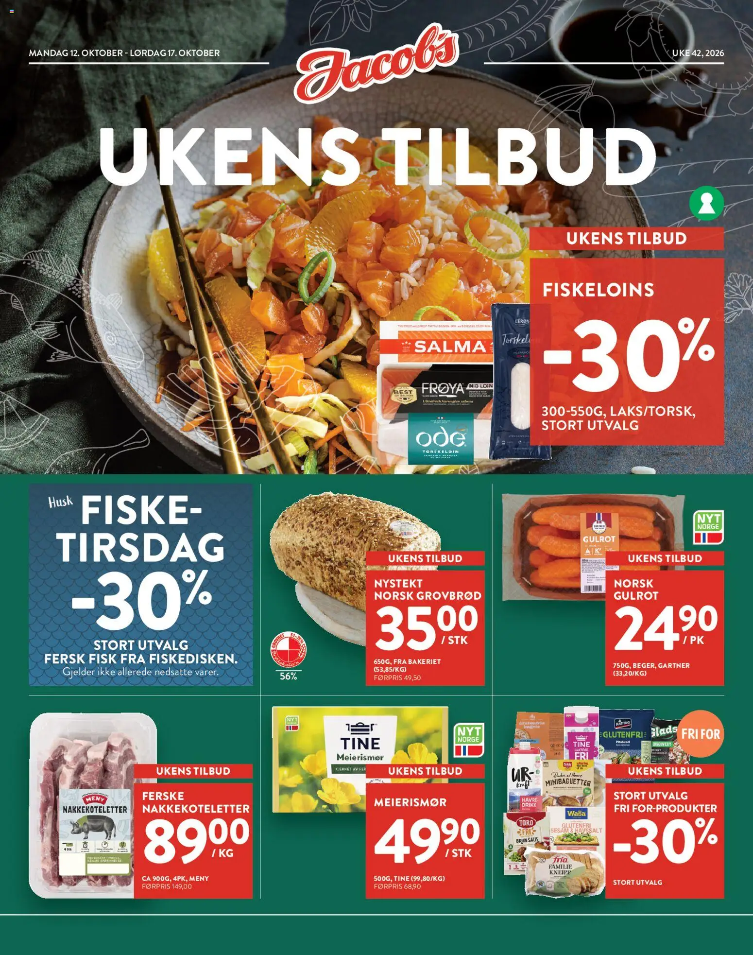 {H1} | Side: 1 | Produkter: Grovbrød, Fisk, Gulrot, Saus