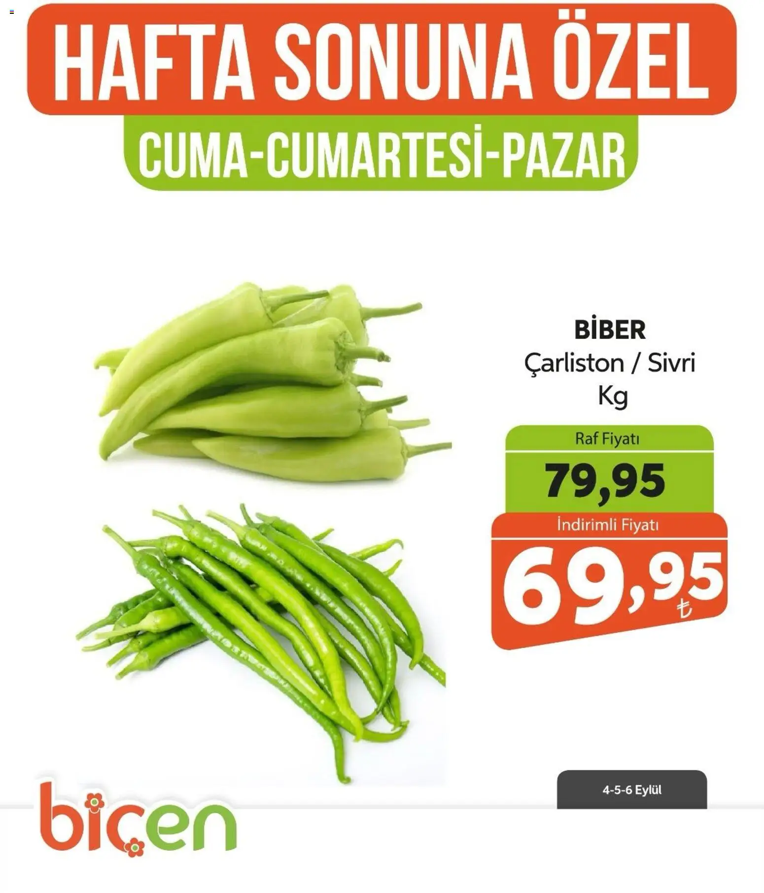 Biçen Market - Hafta Sonuna Özel - Sebze İndirimi - 04 Eylül 2026 tarihinden itibaren geçerlidir | Sayfa: 8 | Ürünler: Raf, Biber