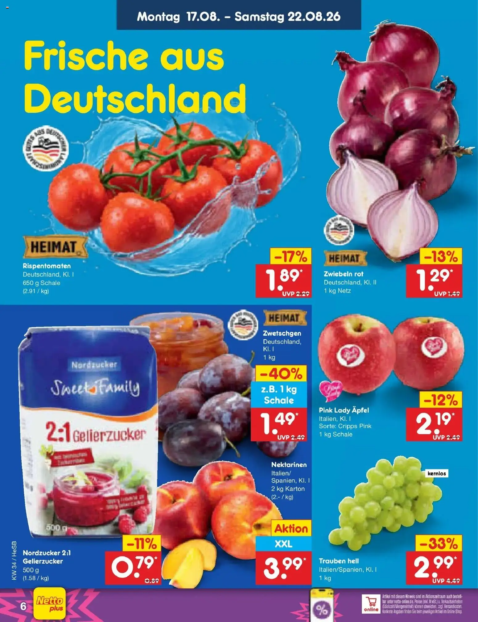 Netto Marken-Discount Prospekt Hamburg – gültig ab 17.08.2026 | Seite: 8 | Produkte: Nektarinen, Trauben, Zwetschgen, Zwiebeln