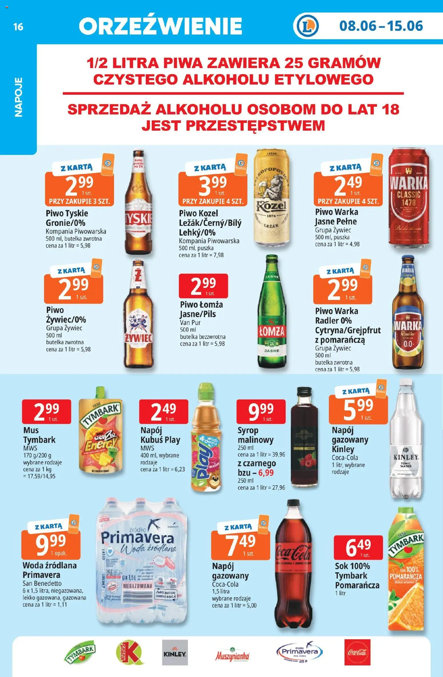 E.Leclerc gazetka - Wrocław od 08.06.2026 | Strona: 16 | Produkty: Napoje, Warka, Sok, Piwo kozel