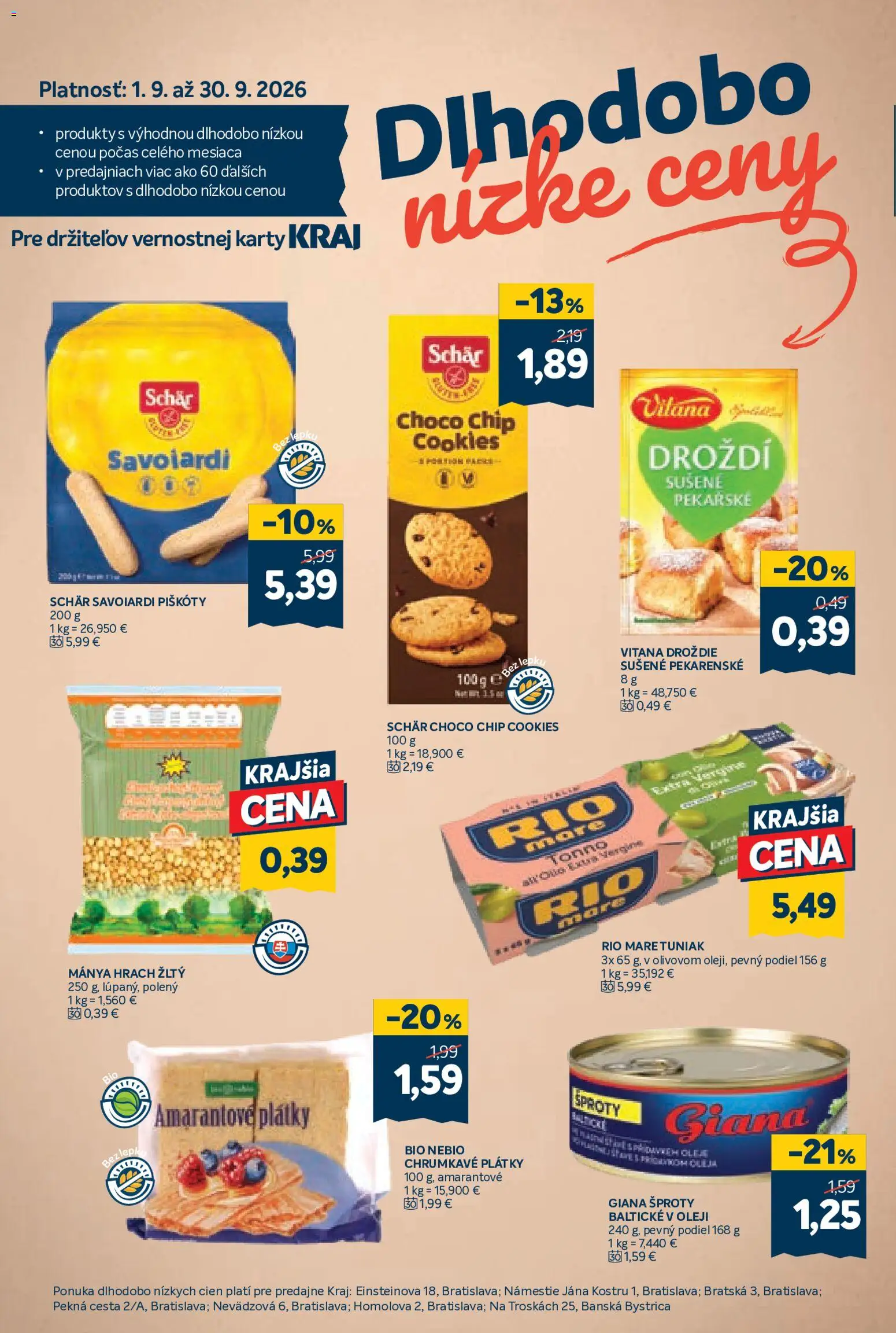 Nové Kraj akcie – leták je platný od 27.08.2026 | Strana: 14 | Produkty: Piškóty, Hrach, Droždie