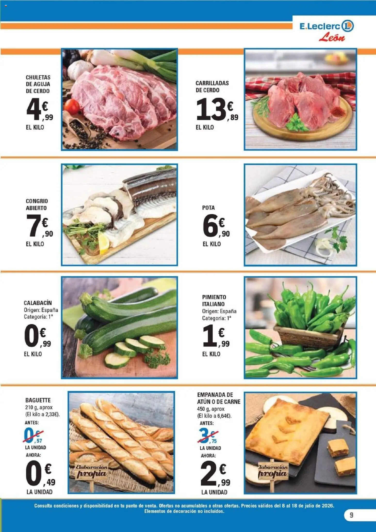 E.Leclerc folleto León │ válido desde el 08/07/2026 | Página: 9 | Productos: Calabacín, Cerdo, Κάδος απορρυμάτων