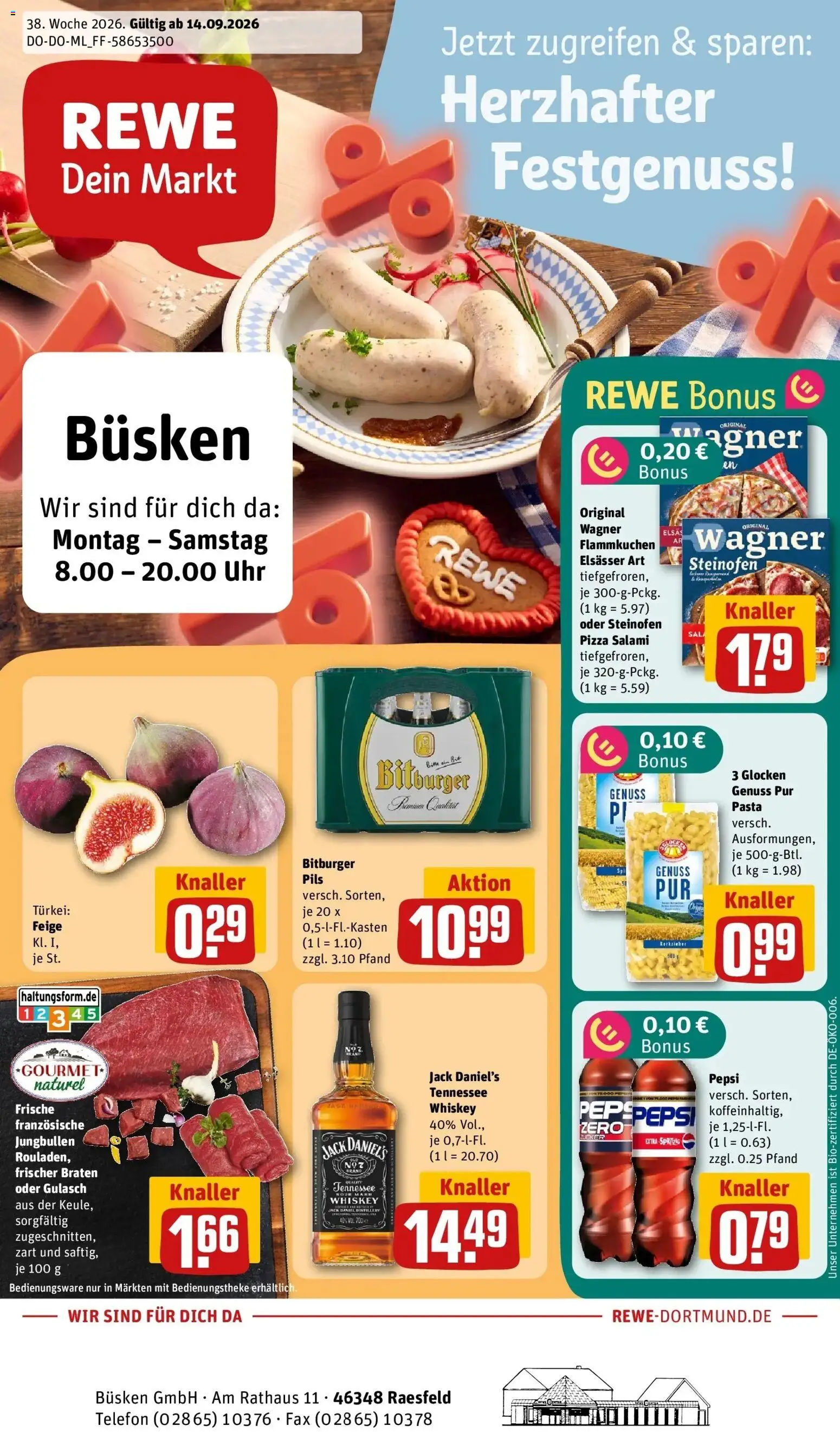 REWE Prospekt ab 14.09.2026 zum Blättern » Angebote | Seite: 1 | Produkte: Pils, Zucker, Pizza, Whiskey