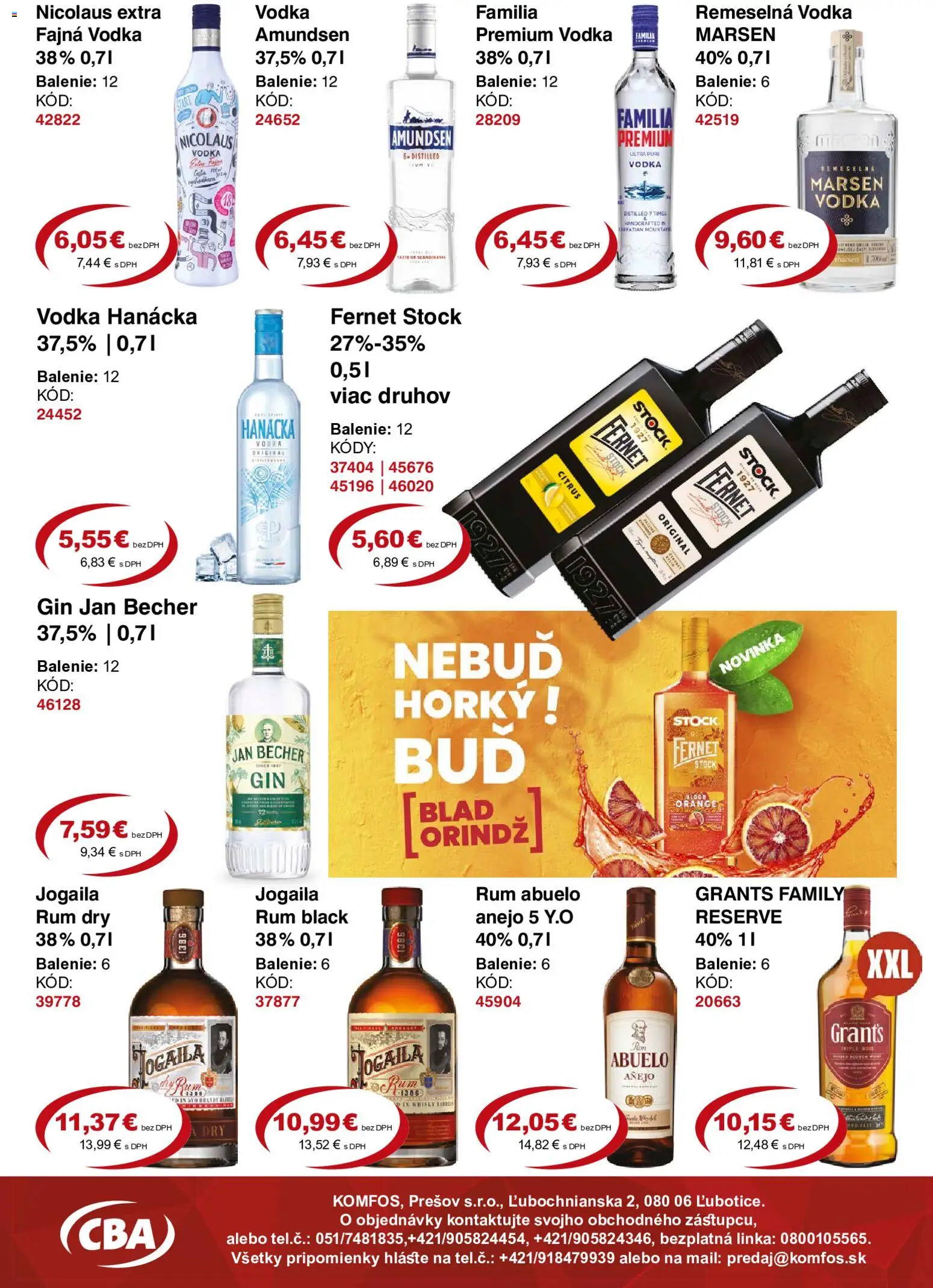Nové CBA Komfos akcie – leták je platný od 19.06.2026 | Strana: 10 | Produkty: Gin, Vodka, Fernet Stock, Rum