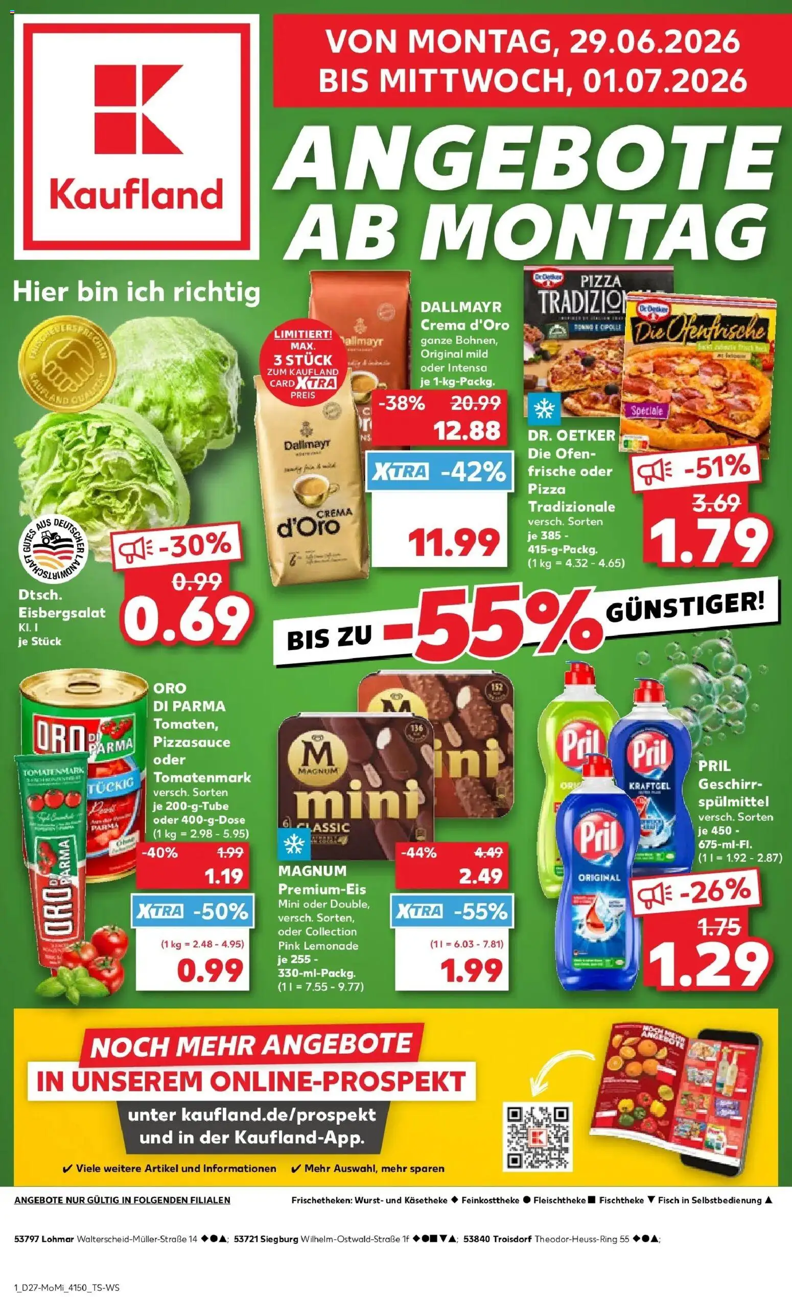 Kaufland Prospekt Troisdorf – gültig ab 29.06.2026 | Seite: 1 | Produkte: Ofen, Eisbergsalat, Dallmayr, Wurst