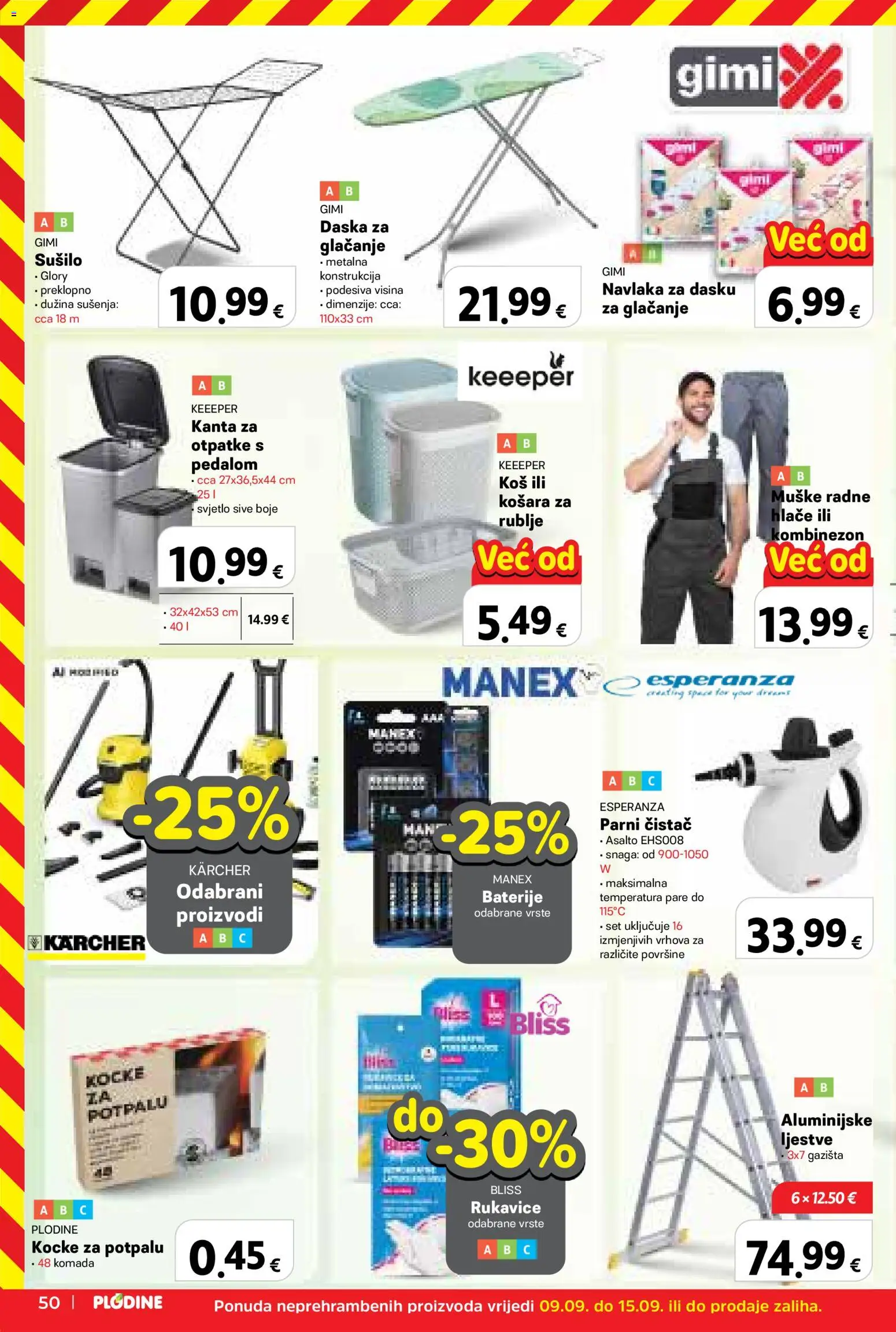 Plodine katalog | vrijedi od 09.09.2026 | Stranica: 50 | Proizvodi: Radne hlače, Aluminijske ljestve, Košara za rublje, Parni čistač