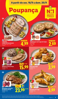 Pré-visualização Hambúrguer de Frango do Campo, Hambúrguer de Frango do Campo Emb. 230 g, 1 kg = 11.70 válido de 18/09/2026 | Página: 5 | Produtos: Hambúrguer, Coxas de frango, Lombo, Lombo de porco