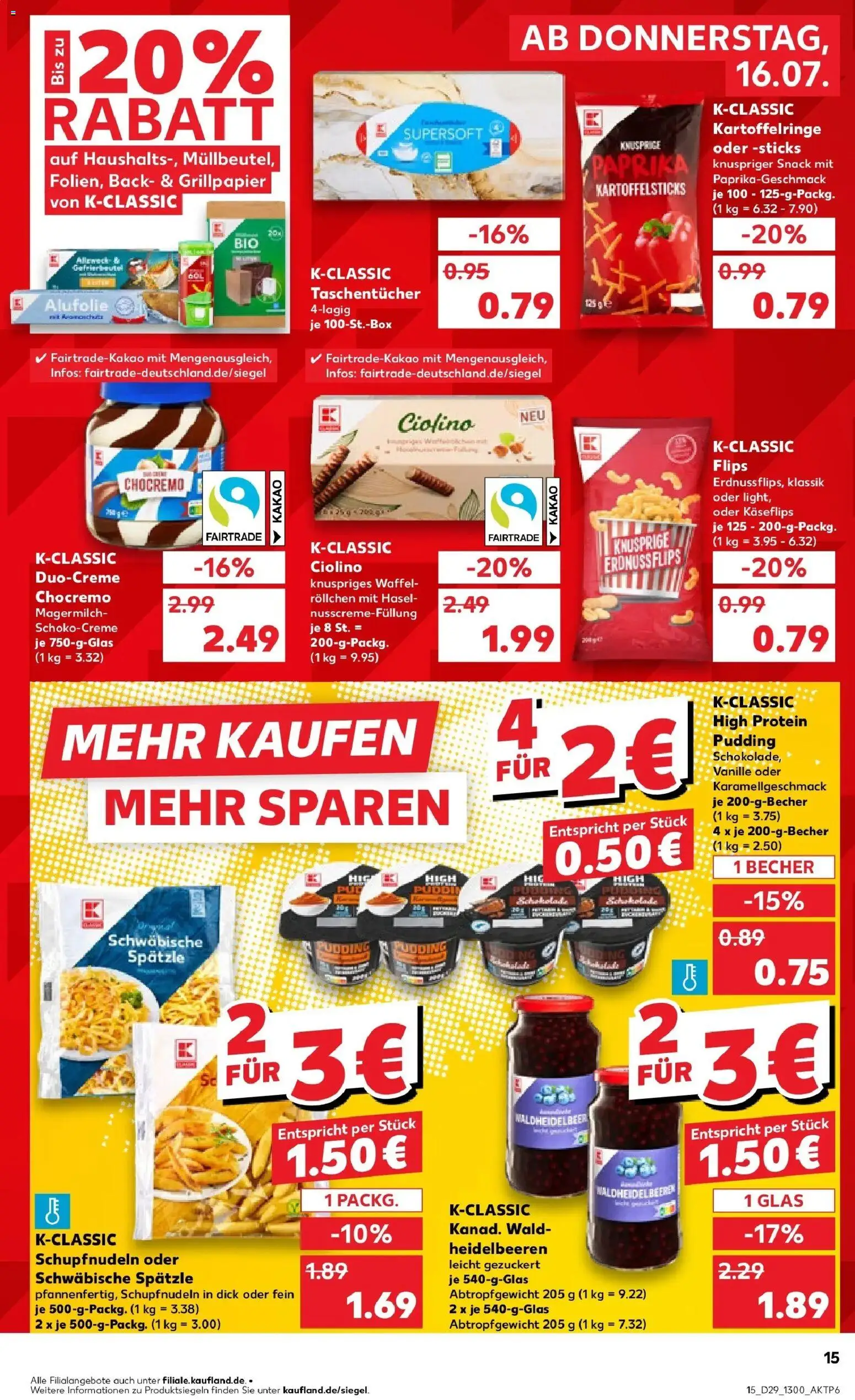 Kaufland Prospekt Jülich – gültig ab 16.07.2026 | Seite: 15 | Produkte: Taschentücher, Pudding, Heidelbeeren, Paprika