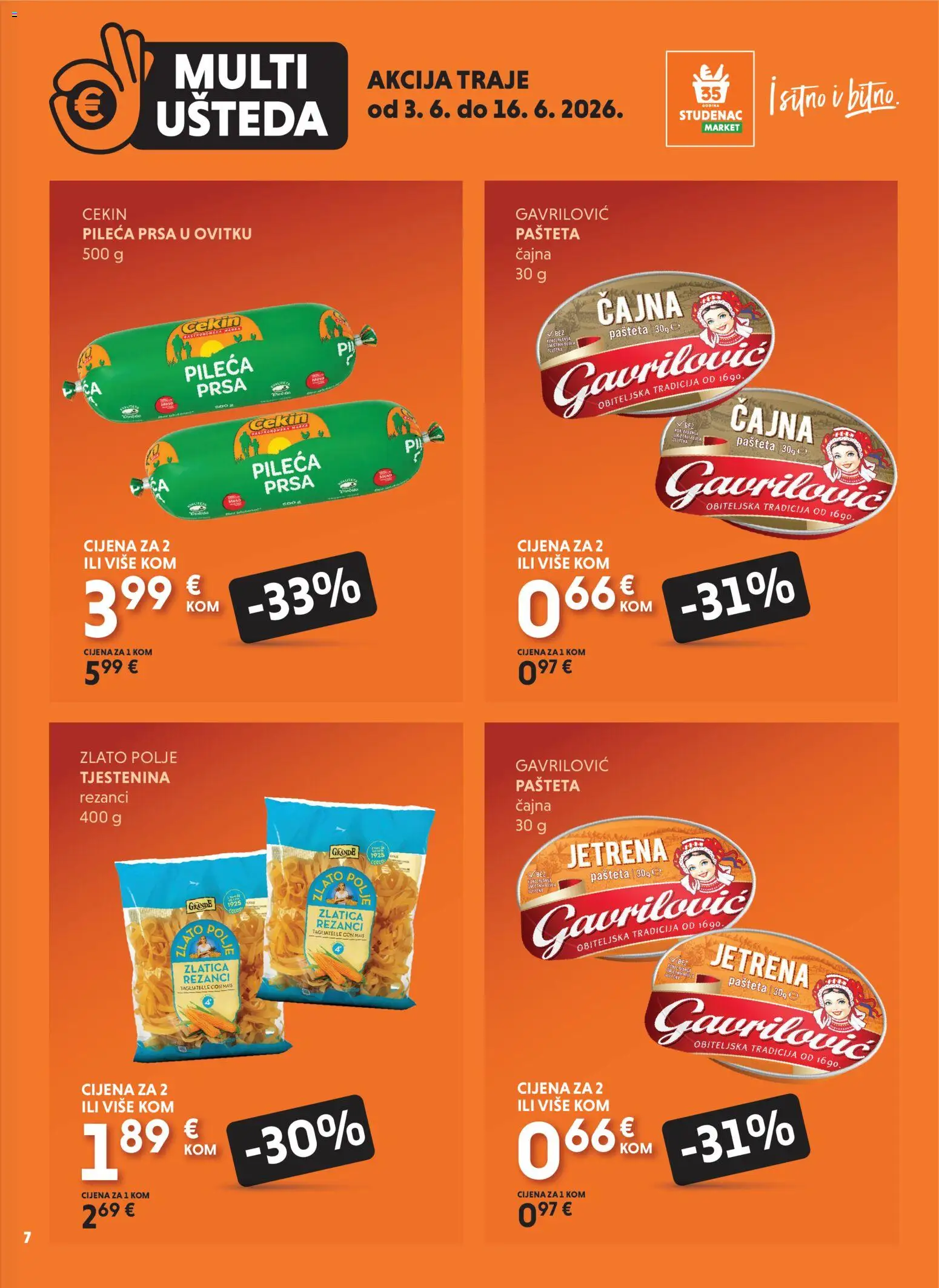 Studenac katalog | vrijedi od 03.06.2026 | Stranica: 7 | Proizvodi: Rezanci, Tjestenina, Pašteta, Pileća prsa