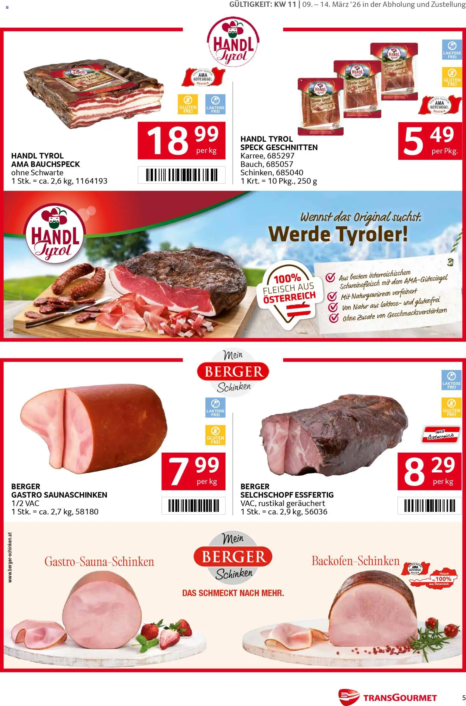 Transgourmet Markenfestwoche gültig ab 09.03.2026 | Seite: 5 | Produkte: Speck, Schinken, Schweinefleisch