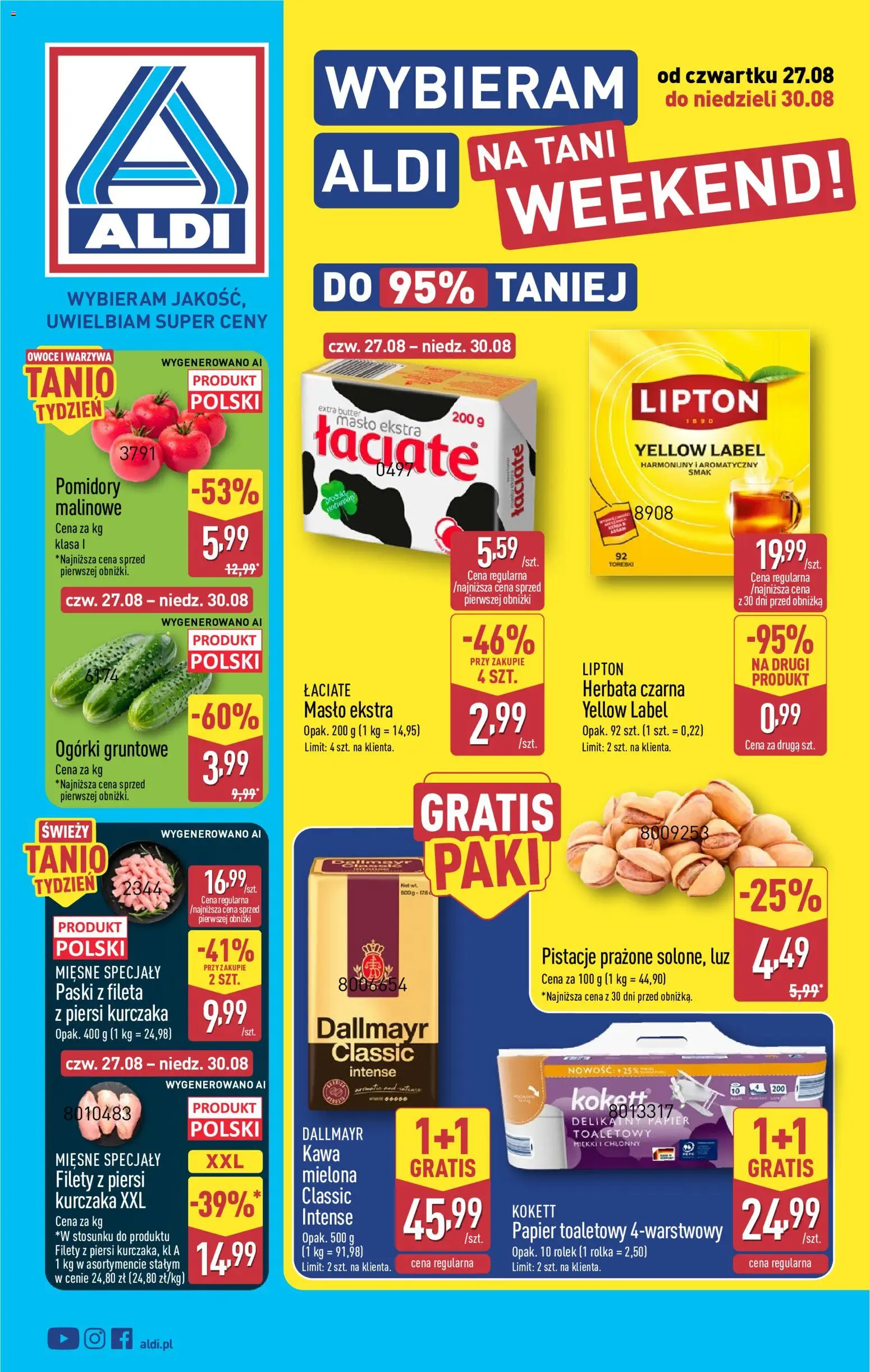 Aldi gazetka - Promocje weekend od 27.08.2026 | Strona: 1 | Produkty: Pistacje, Masło, Pomidory, Owoce