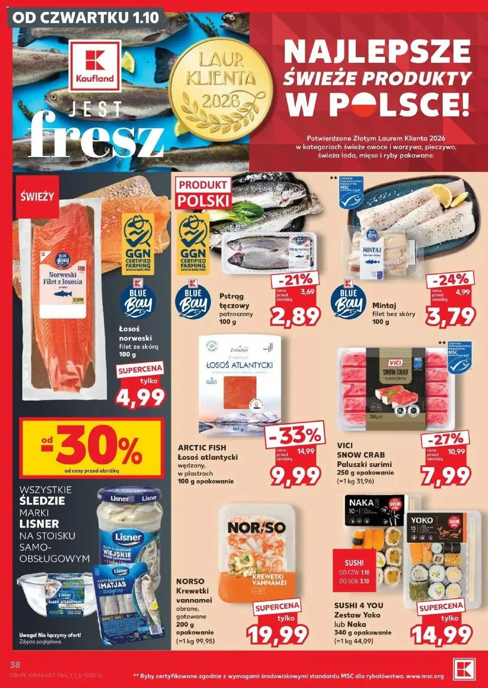 Kaufland gazetka od 01.10.2026 - od jutra PDF | Strona: 38 | Produkty: Śledzie, Mięso, Surimi, Paluszki surimi