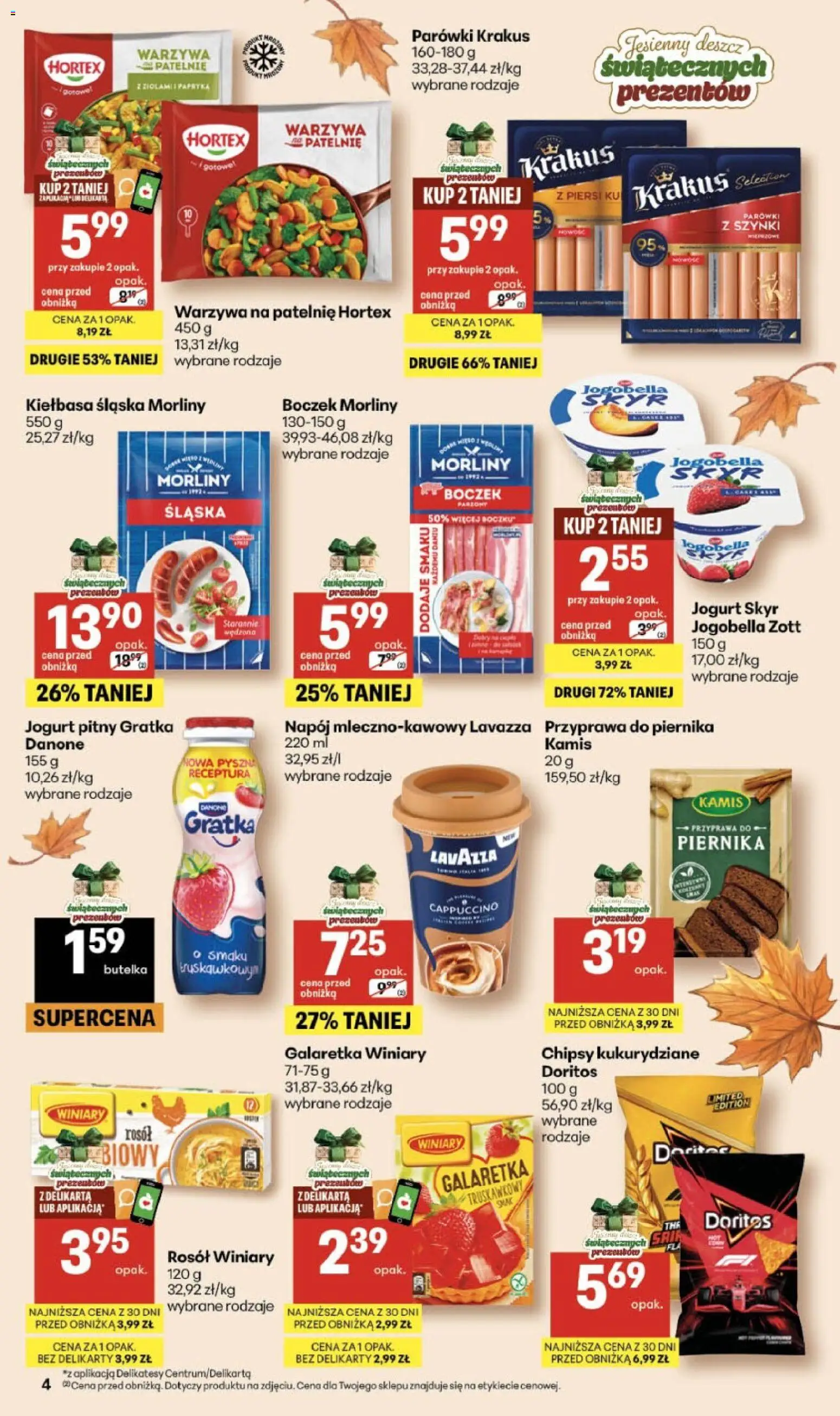 Delikatesy Centrum gazetka od 22.10.2026 | Strona: 4 | Produkty: Kiełbasa, Kiełbasa śląska morliny, Cappuccino, Doritos