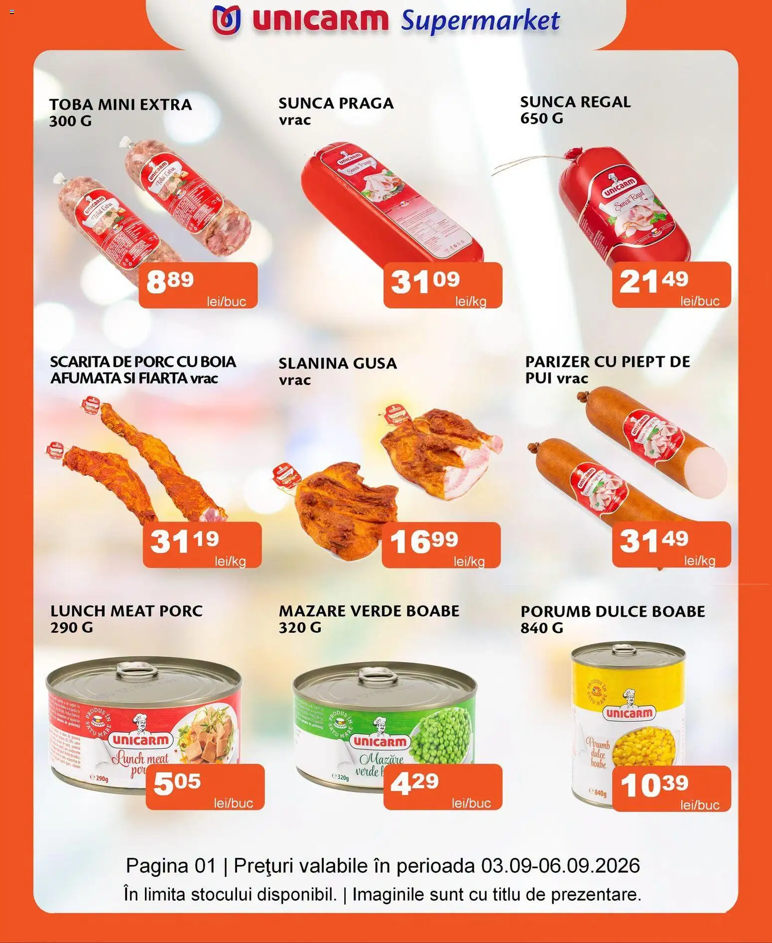 Noul catalog Unicarm – valabil de la 03.09.2026 | Pagină: 2 | Produse: Sunca praga, Slanina, Parizer, Porumb