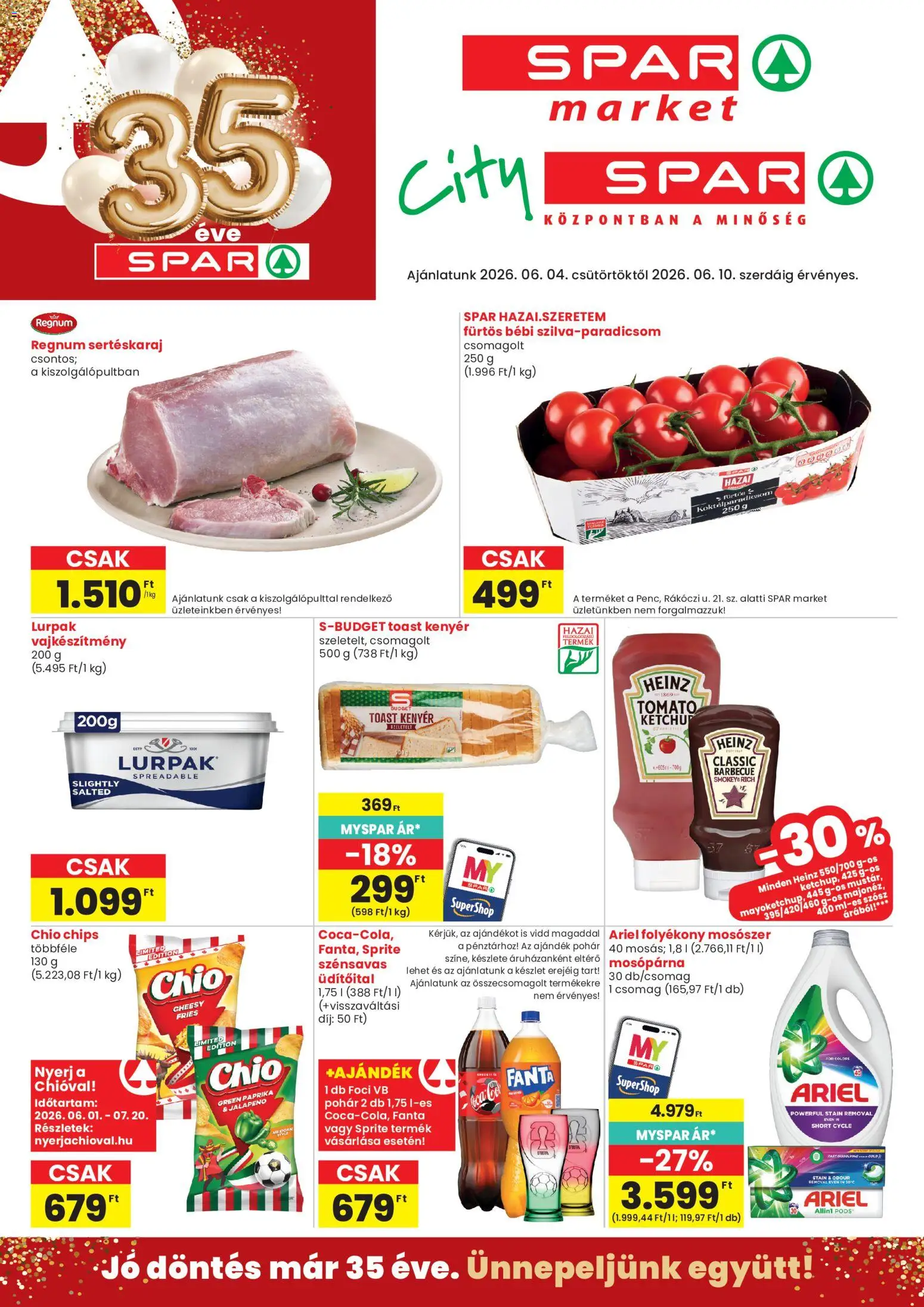 Spar Market akciós ujság - amely érvényes a következő dátumtól: 04.06.2026 | Oldal: 1 | Termékek: Ariel, Kenyér, Mosószer, Szósz