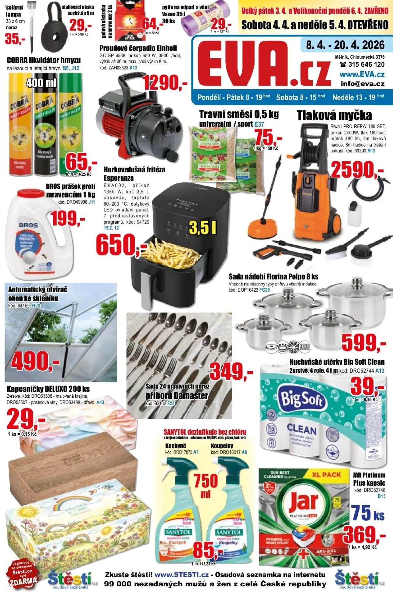 Eva supermarket leták od 08.04.2026 | Strana: 1 | Produkty: Myčka, Utěrky, Hadice, Pytle na odpad