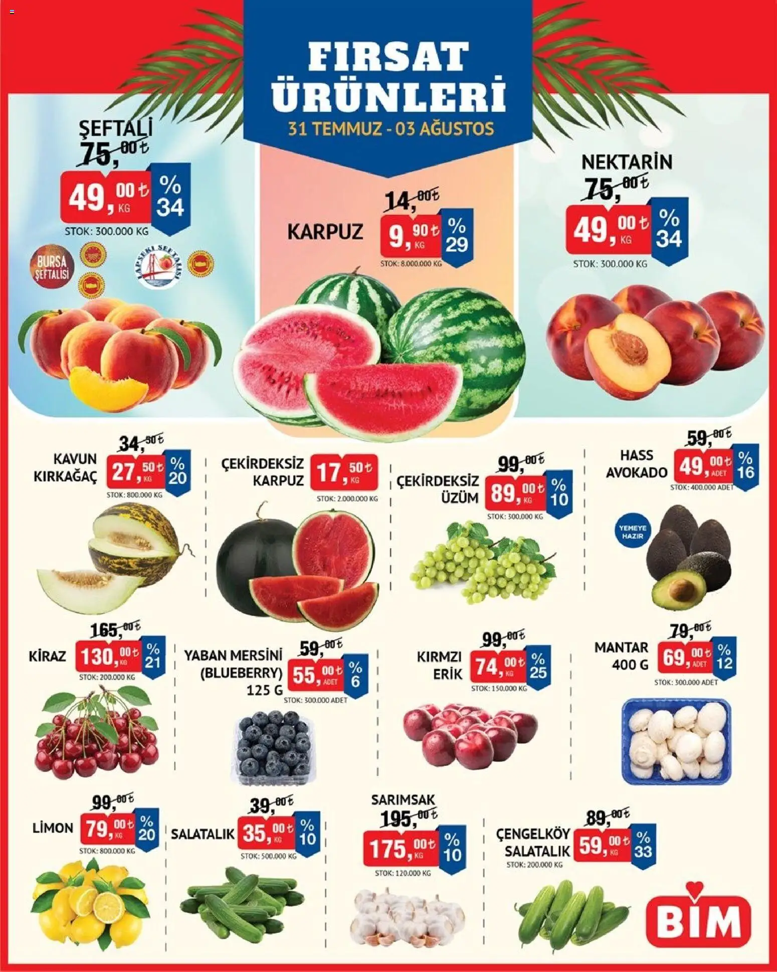 BİM - İndirimli Ürünler - 31 Temmuz 2026 tarihinden itibaren geçerlidir | Sayfa: 2 | Ürünler: Erik, Salatalık, Şeftali, Mantar