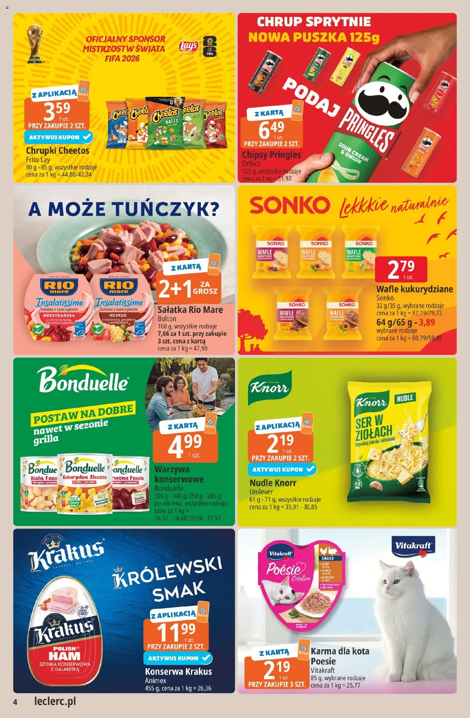 E.Leclerc gazetka - Zamość od 19.05.2026 | Strona: 4 | Produkty: Kurczak, Szynka, Karma dla kota, Pringles