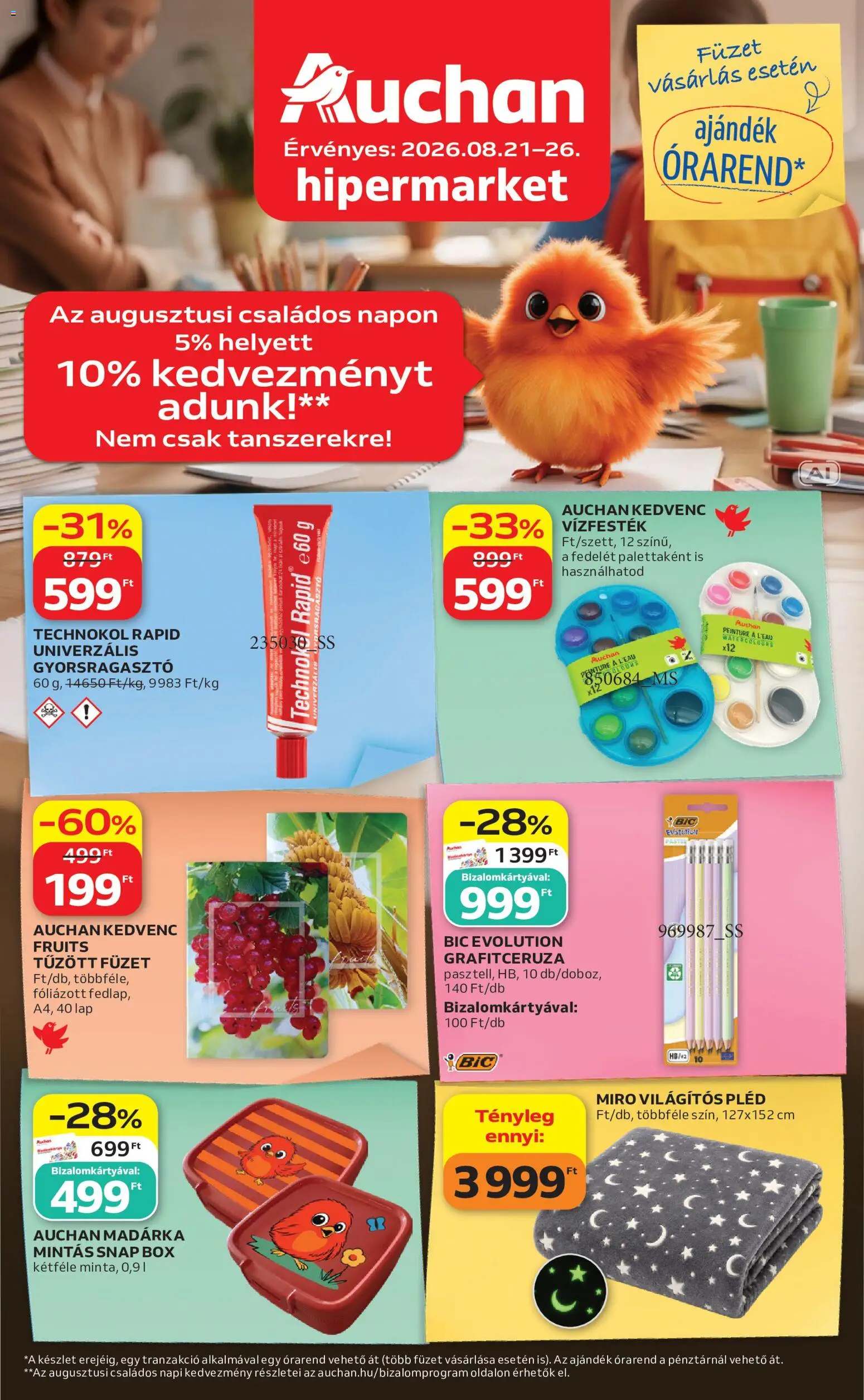 Auchan akciós ujság - amely érvényes a következő dátumtól: 2026.08.21. | Oldal: 1 | Termékek: Ragasztó, Lap, Pléd