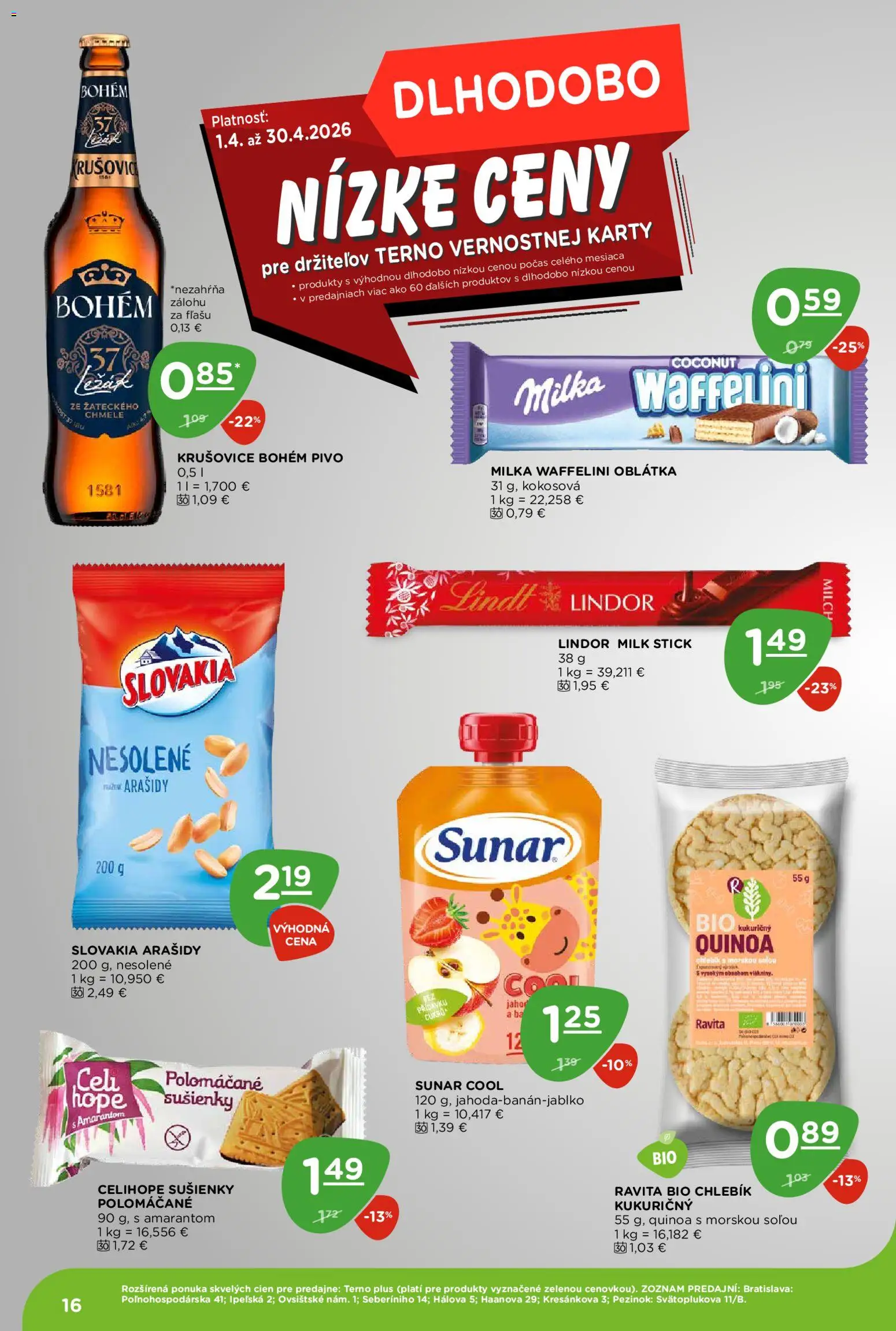 Nové Terno akcie – leták je platný od 23.04.2026 | Strana: 16 | Produkty: Lindor, Lindt, Sunar, Arašidy