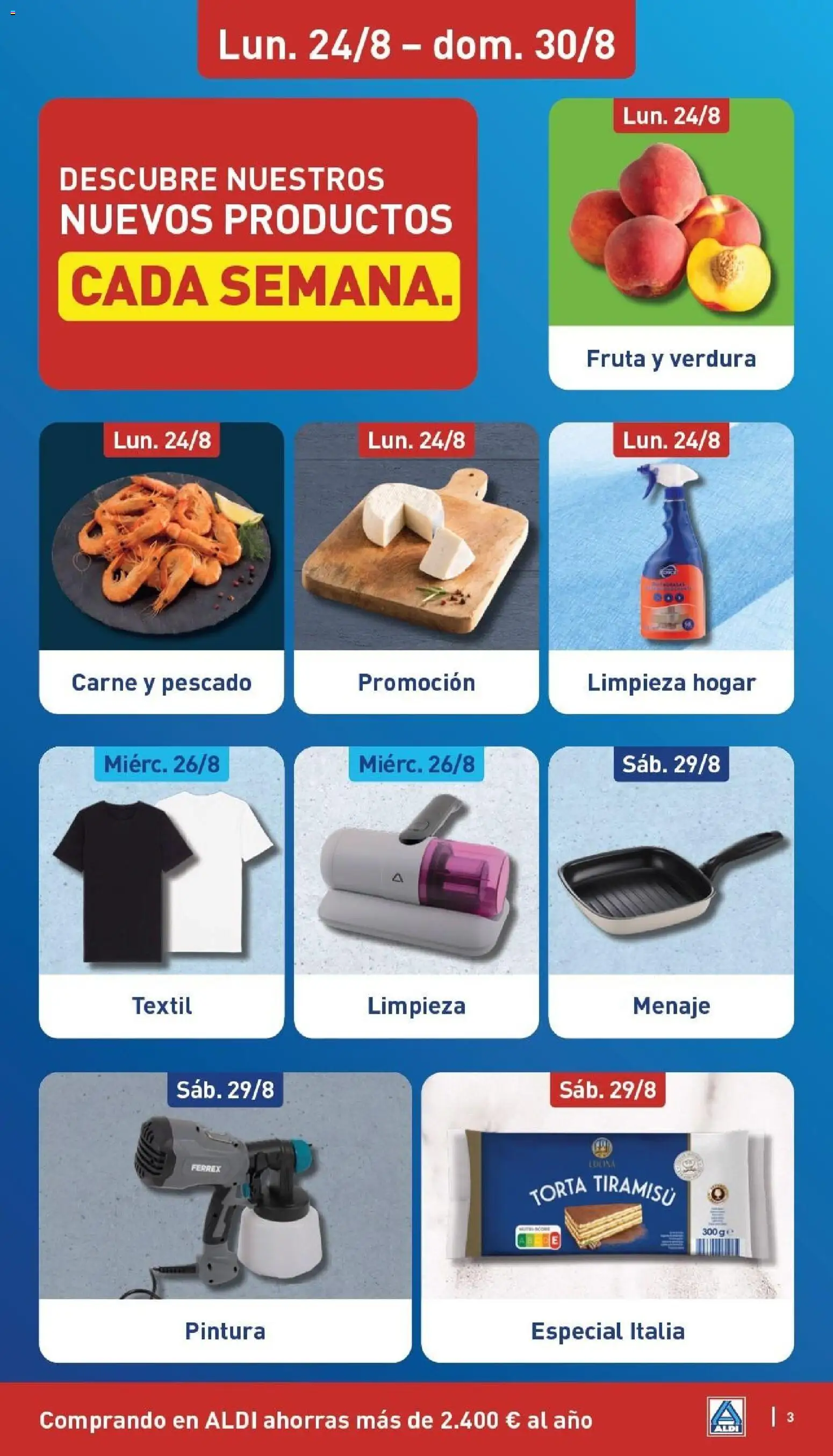 Aldi folleto Península │ válido desde el 24/08/2026 | Página: 3 | Productos: Tiramisú, Fruta, Pan, Carne