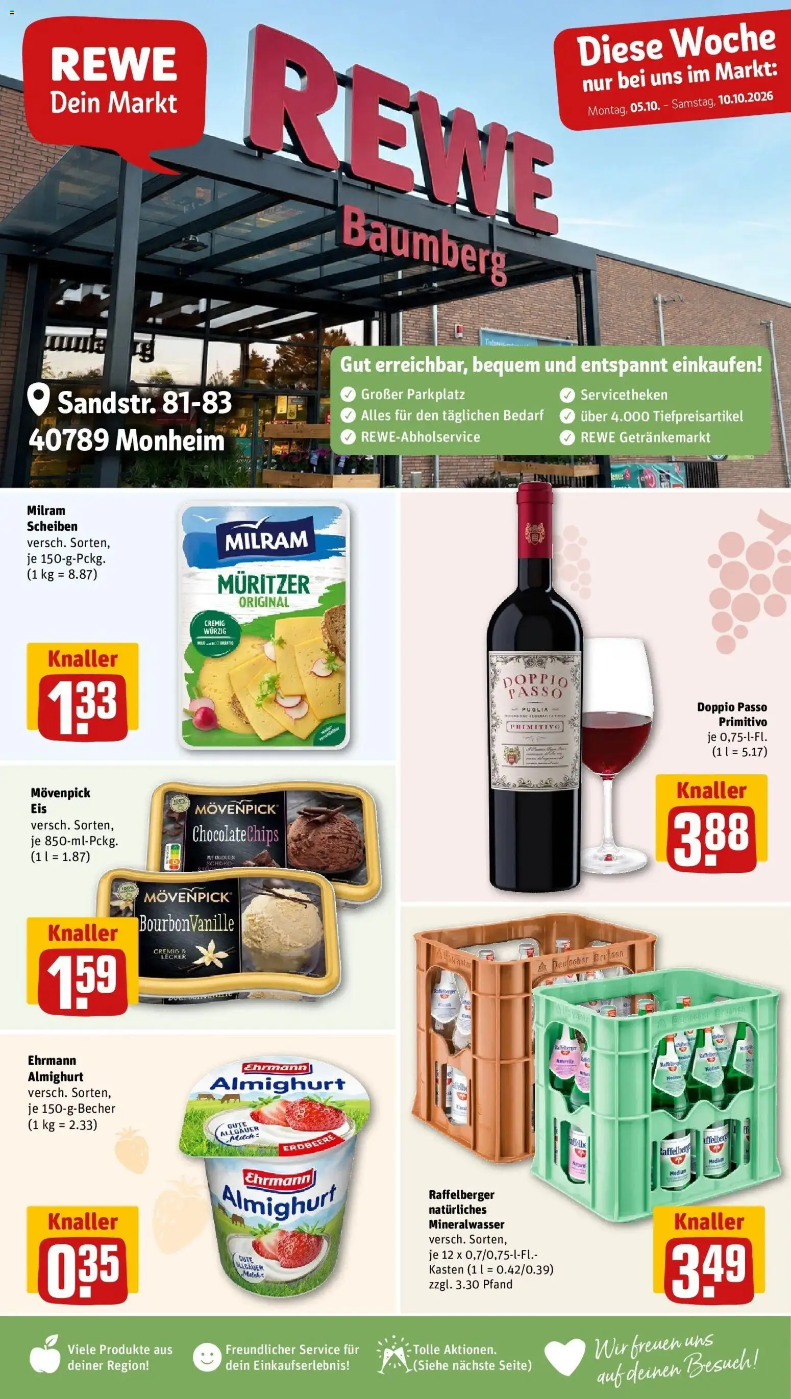 REWE Prospekt ab 05.10.2026 zum Blättern » Angebote | Seite: 1 | Produkte: Ehrmann almighurt, Doppio passo primitivo, Mineralwasser, Doppio Passo