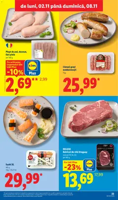 Ofertele Lidl valabile de la 02.11.2026 | Pagină: 23 | Produse: Pui, Antricot de vita, Sushi, Deluxe