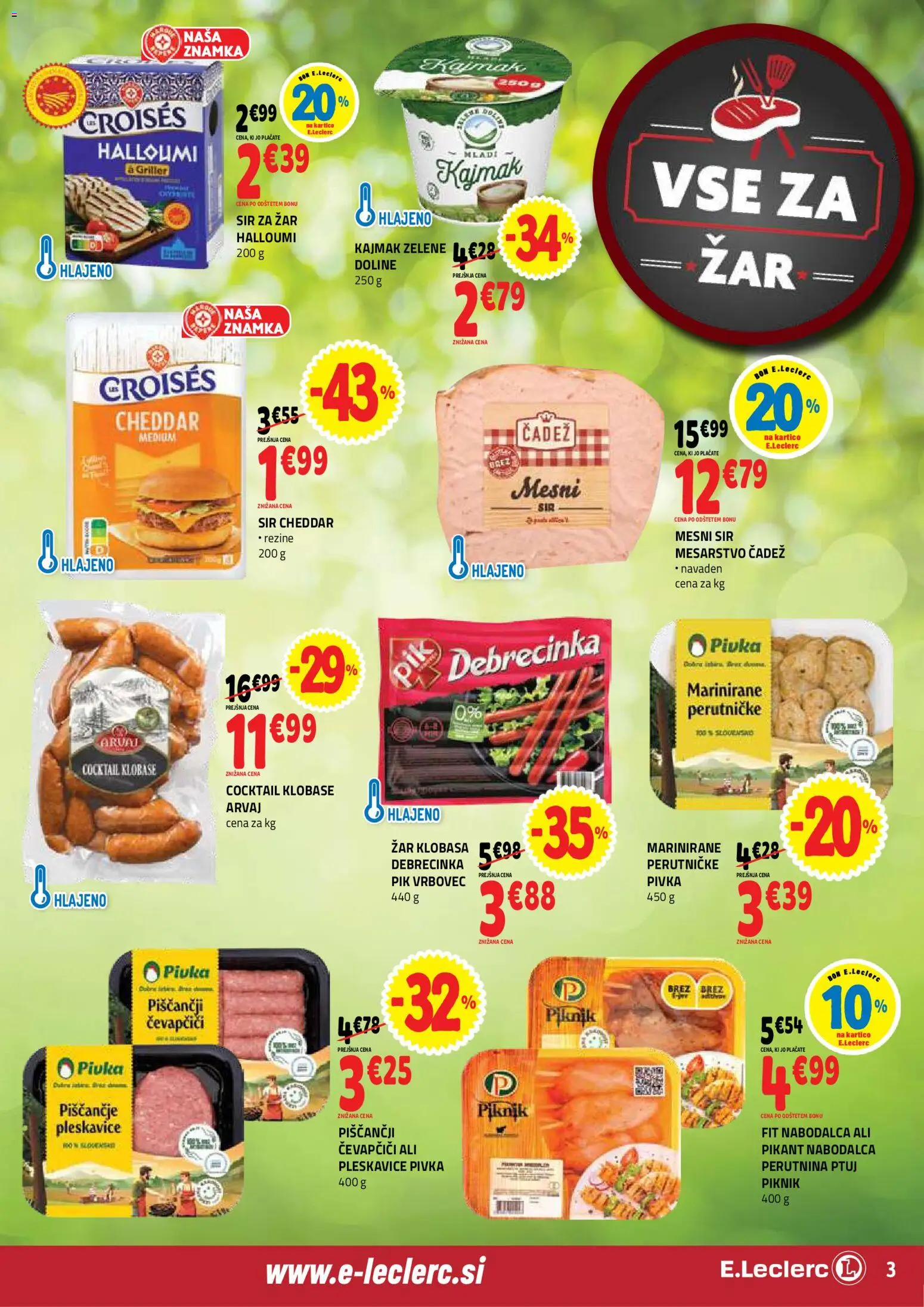Novi E.leclerc katalog ponudbe – veljaven od 08.07.2026 | Stran: 3 | Izdelki: Čevapčiči, Zar, Pleskavice, Klobase
