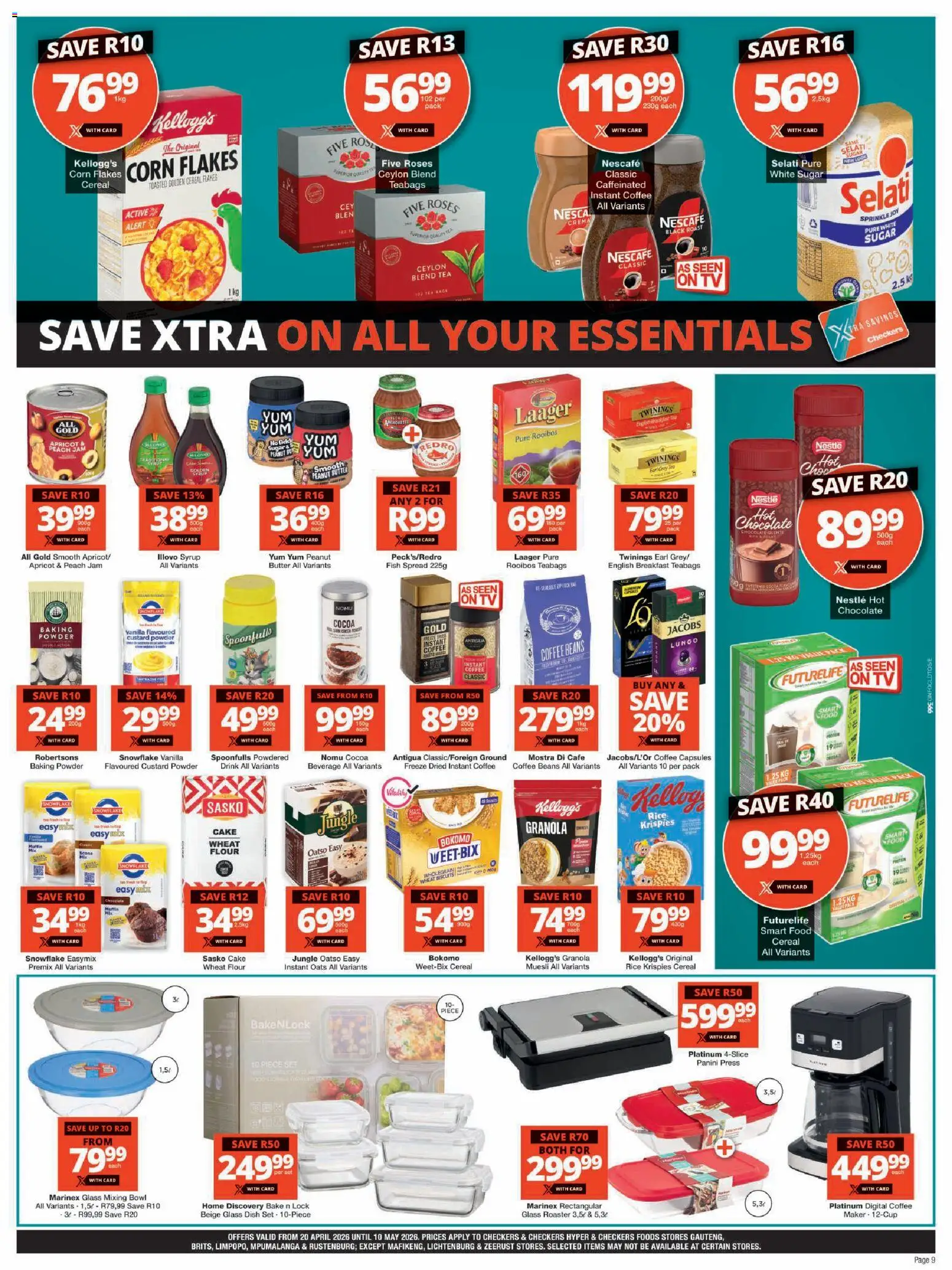 New Checkers catalogue – valid from 20.04.2026 | Page: 9 | Products: Chocolate, Powder, Fish, Baking powder