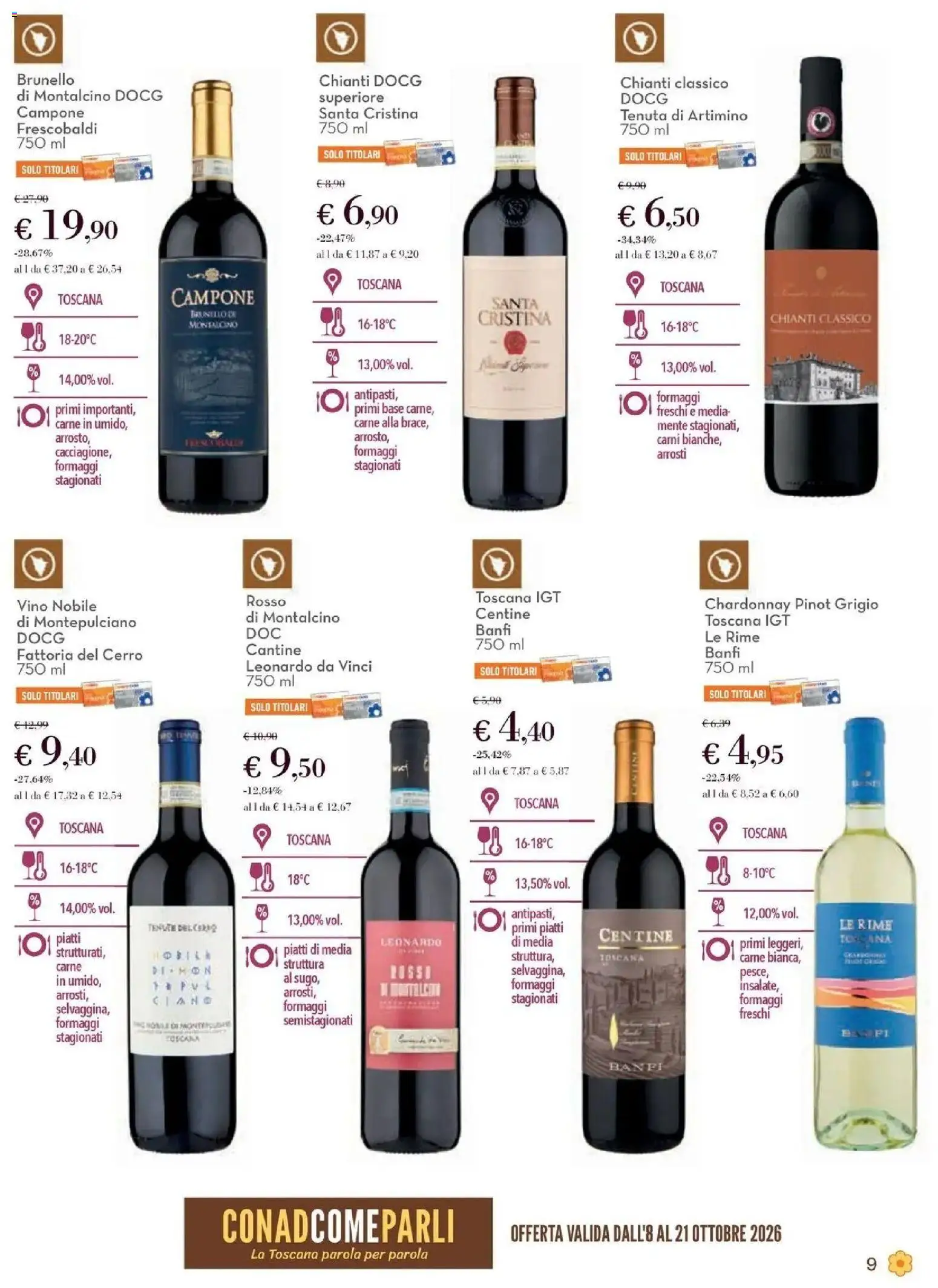 Volantino Conad del 08/10/2026 | Pagina: 9 | Prodotti: Pesce, Piatti, Vino, Carne