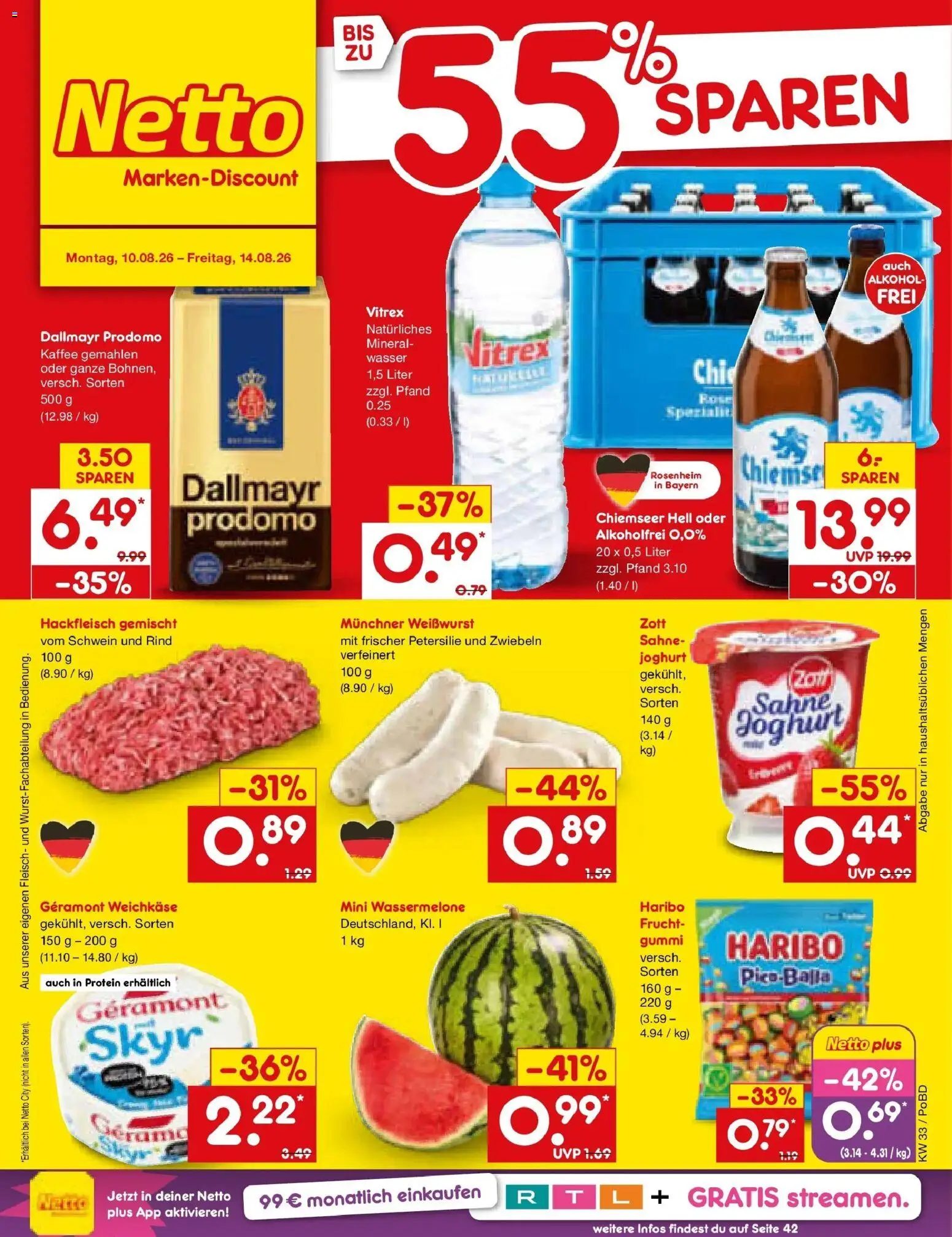 Netto Marken-Discount Prospekt Selb (ab 10.08.2026) » Angebote | Seite: 1 | Produkte: Kaffee, Weißwurst, Wasser, Wassermelone