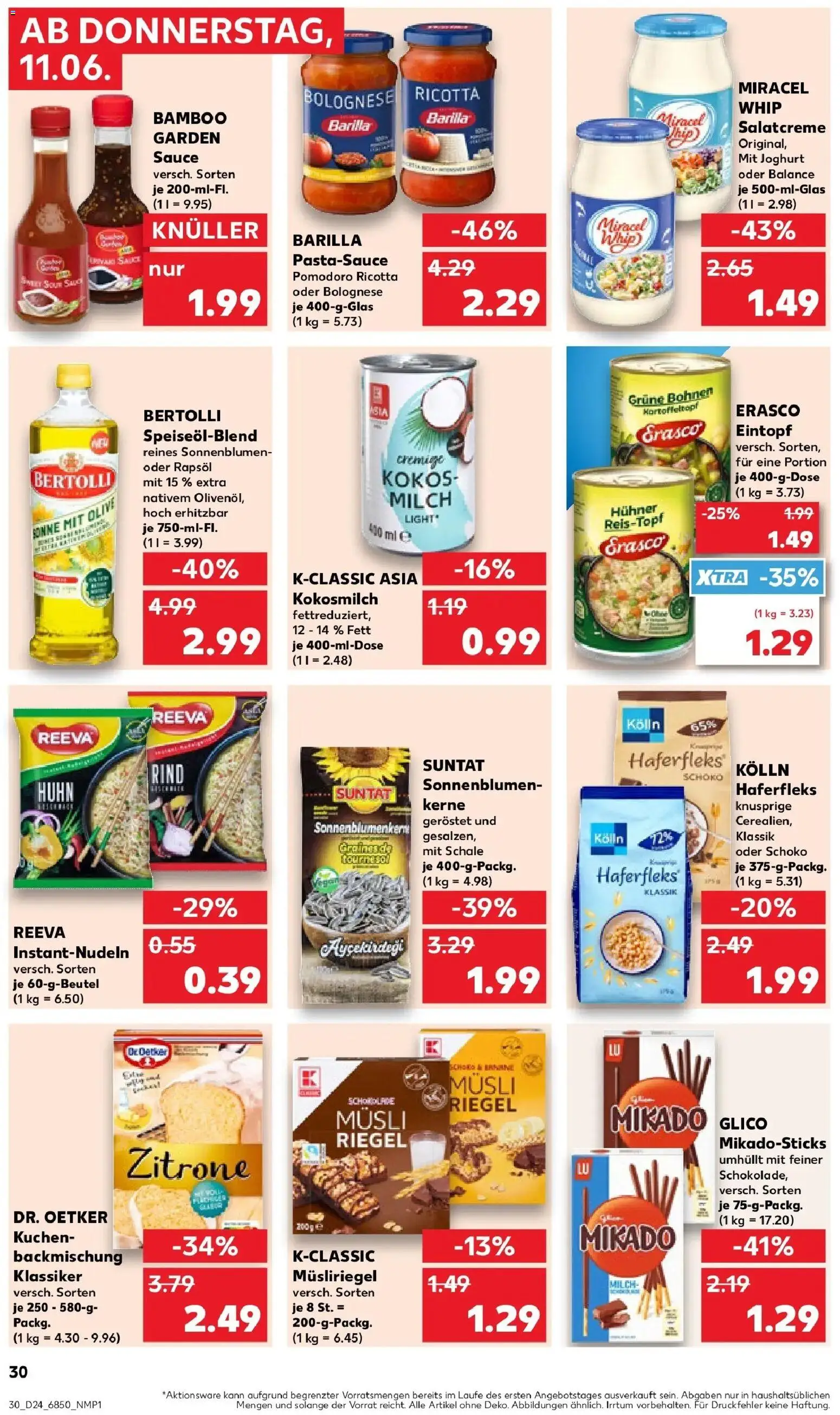 Kaufland Prospekt Kaufbeuren – gültig ab 11.06.2026 | Seite: 30 | Produkte: Barilla, Schokolade, Miracel whip, Kuchen