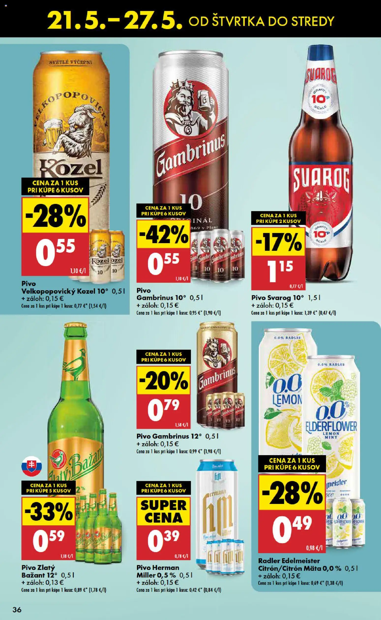 Nové Biedronka akcie – leták je platný od 21.05.2026 | Strana: 36 | Produkty: Pivo, Radler, Gambrinus