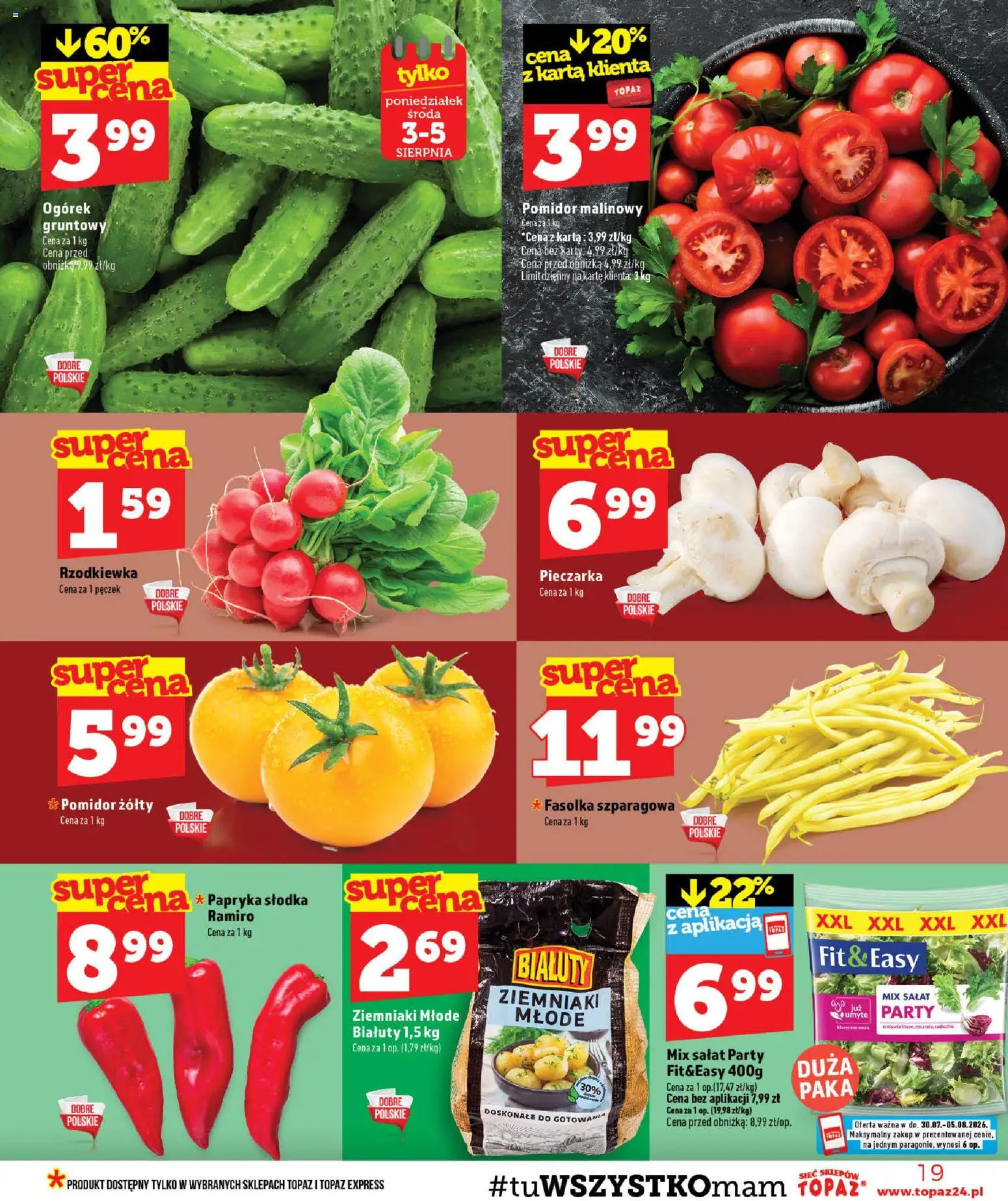 Topaz gazetka od 30.07.2026 | Strona: 19 | Produkty: Karta, Pomidor, Ogórek, Mix sałat