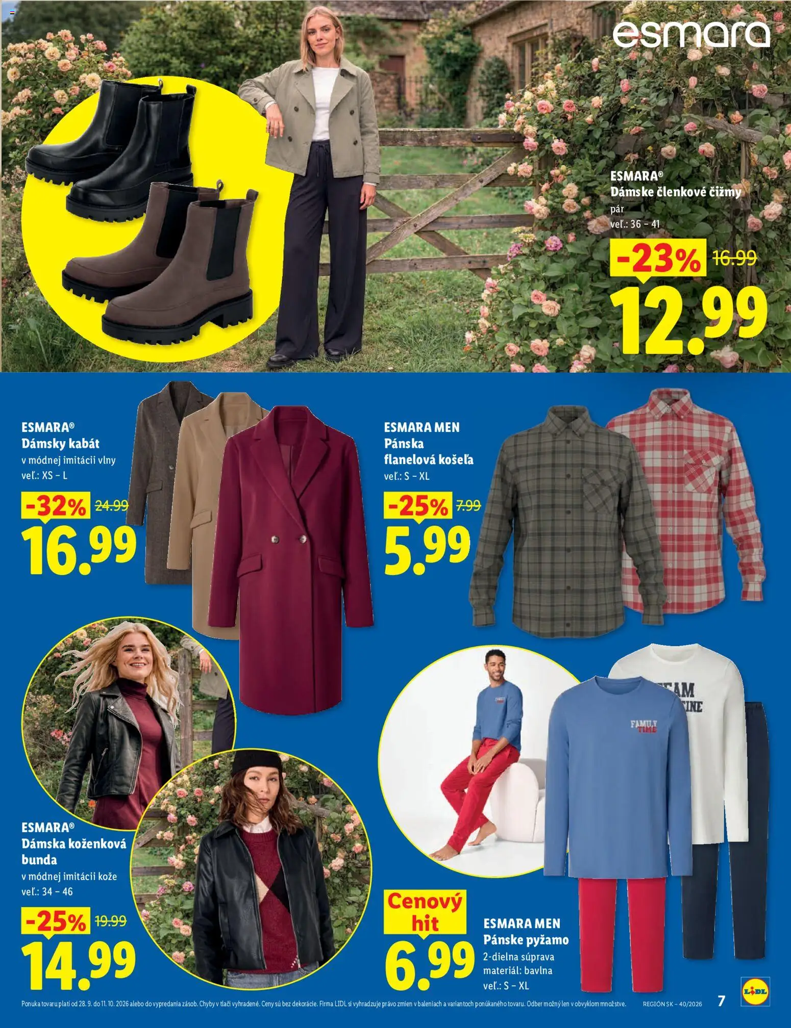 Nové Lidl akcie – leták je platný od 28.09.2026 | Strana: 7 | Produkty: Bunda, Kabát, Pyžamo, Čižmy