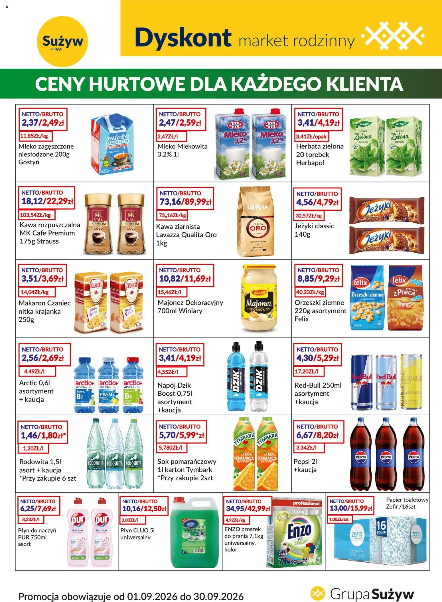 Sużyw gazetka - Dyskont od 01.09.2026 | Strona: 1 | Produkty: Proszek, Sok pomarańczowy, Lavazza Qualita Oro, Kawa