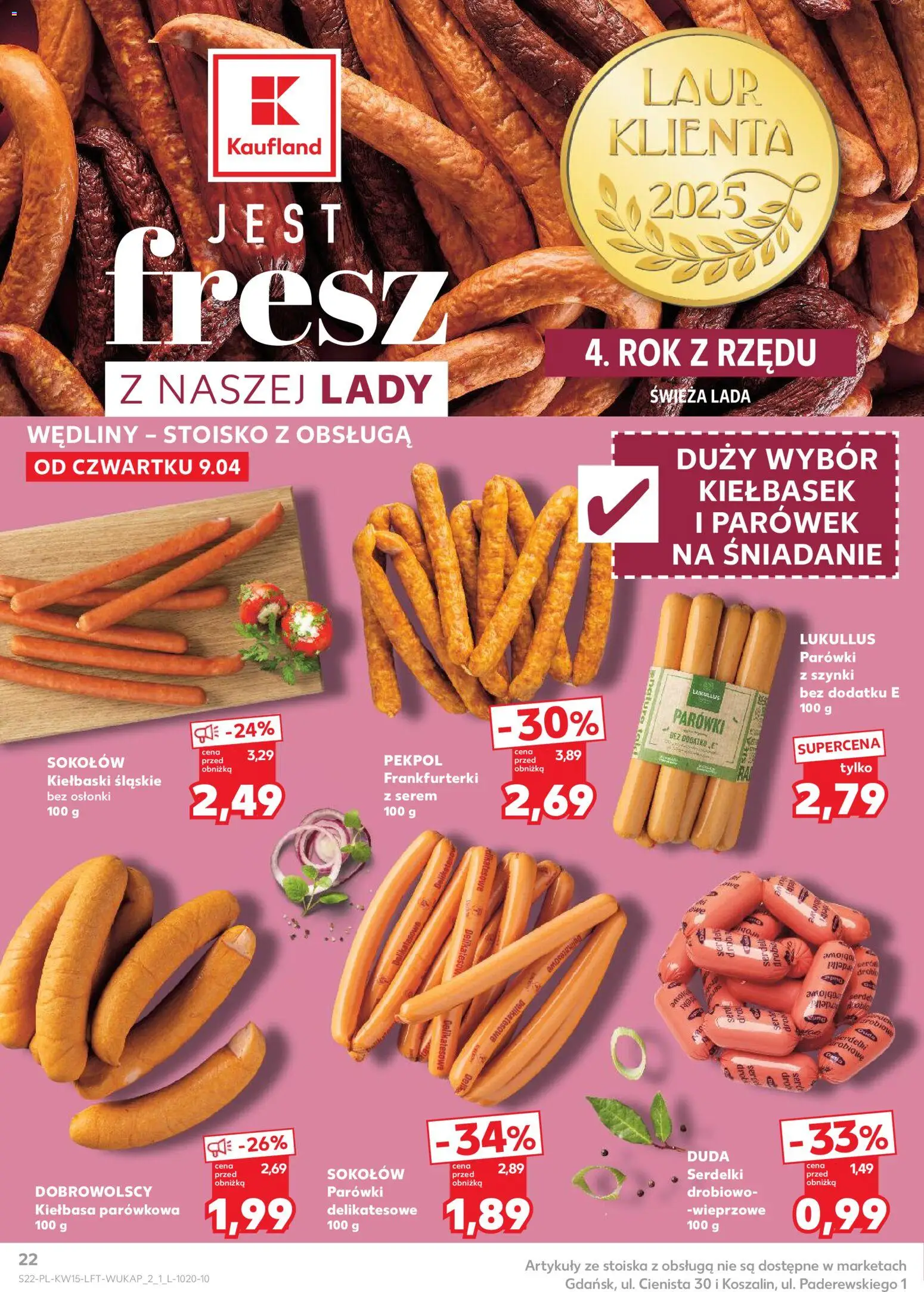 Kaufland gazetka od 09.04.2026 | Strona: 22 | Produkty: Kiełbasa, Frankfurterki, Parówki, Kiełbaski