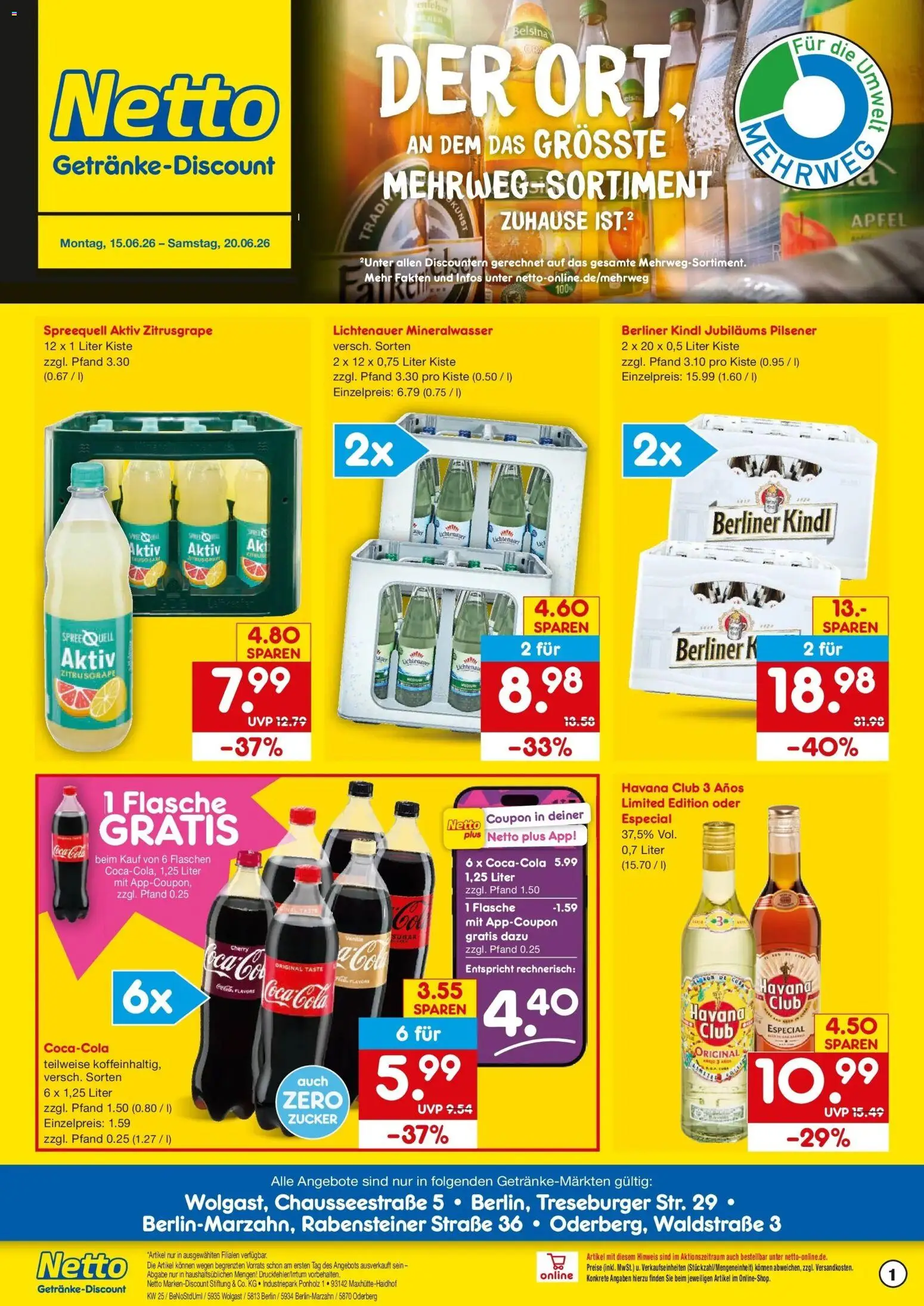 Netto Marken-Discount Prospekt Berlin – gültig ab 15.06.2026 | Seite: 1 | Produkte: Havana club, Cola, Äpfel, Mineralwasser