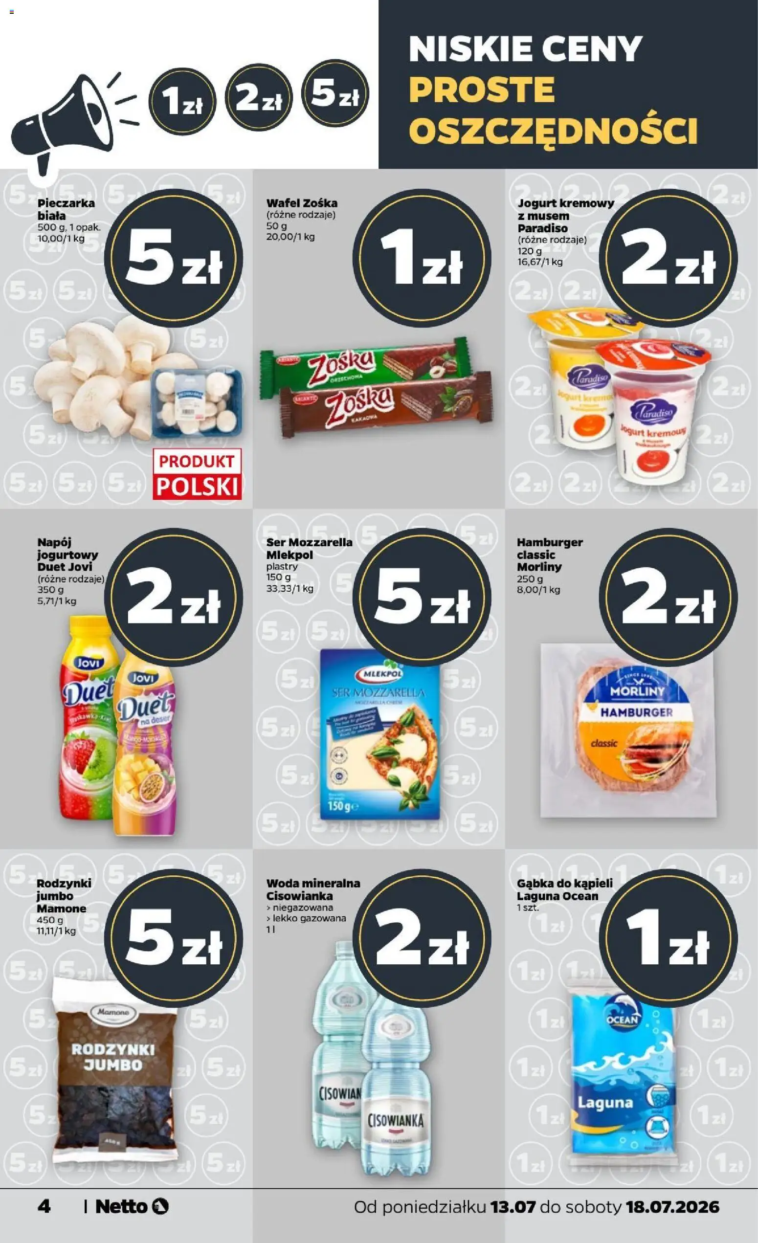 Netto gazetka od poniedziałku od 13.07.2026 | Strona: 4 | Produkty: Jogurt, Rodzynki, Jogurt kremowy, Woda