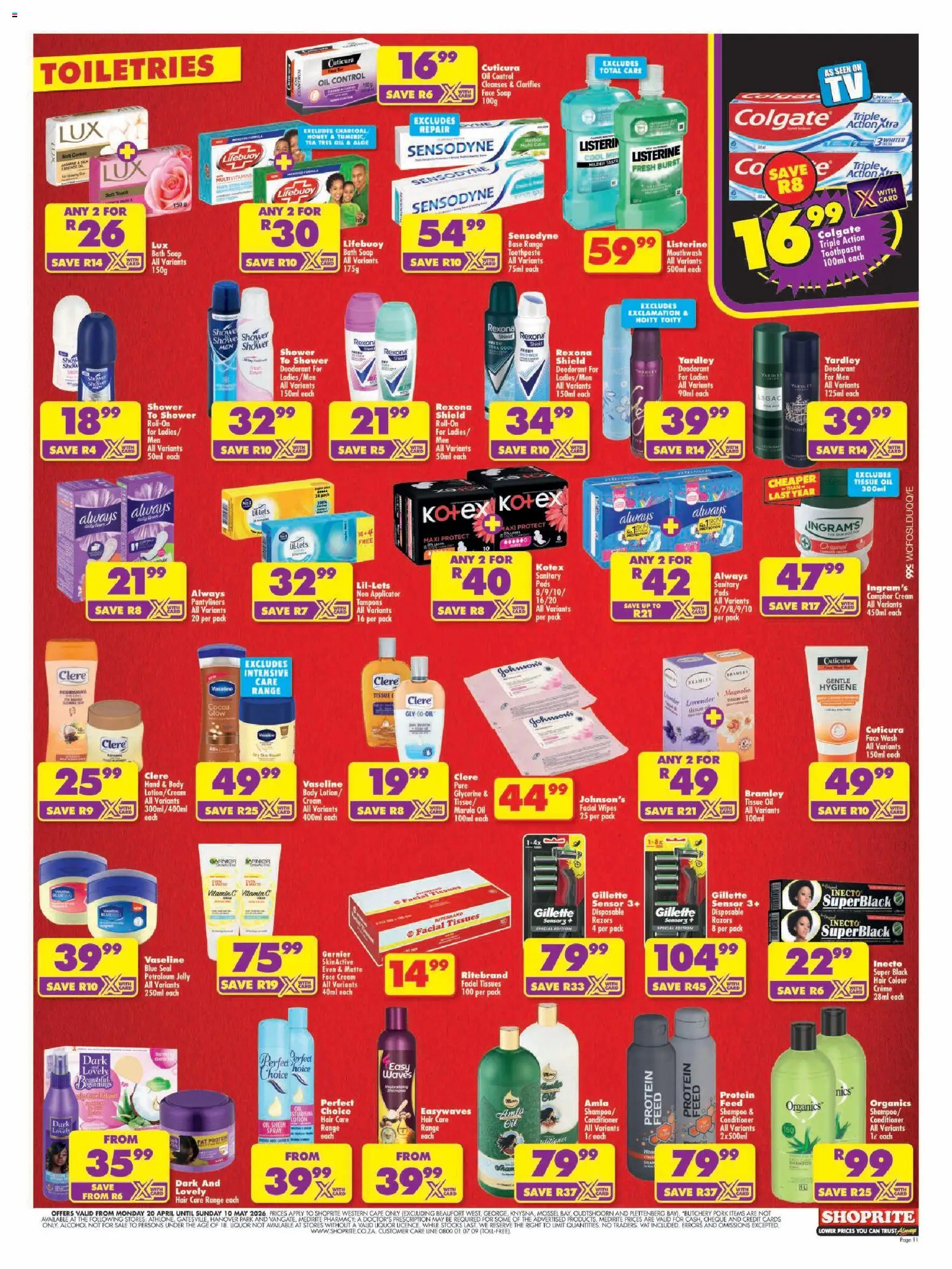 New Shoprite catalogue – valid from 20.04.2026 | Page: 11 | Products: Pads, Hair colour, Deodorant, Petroleum jelly