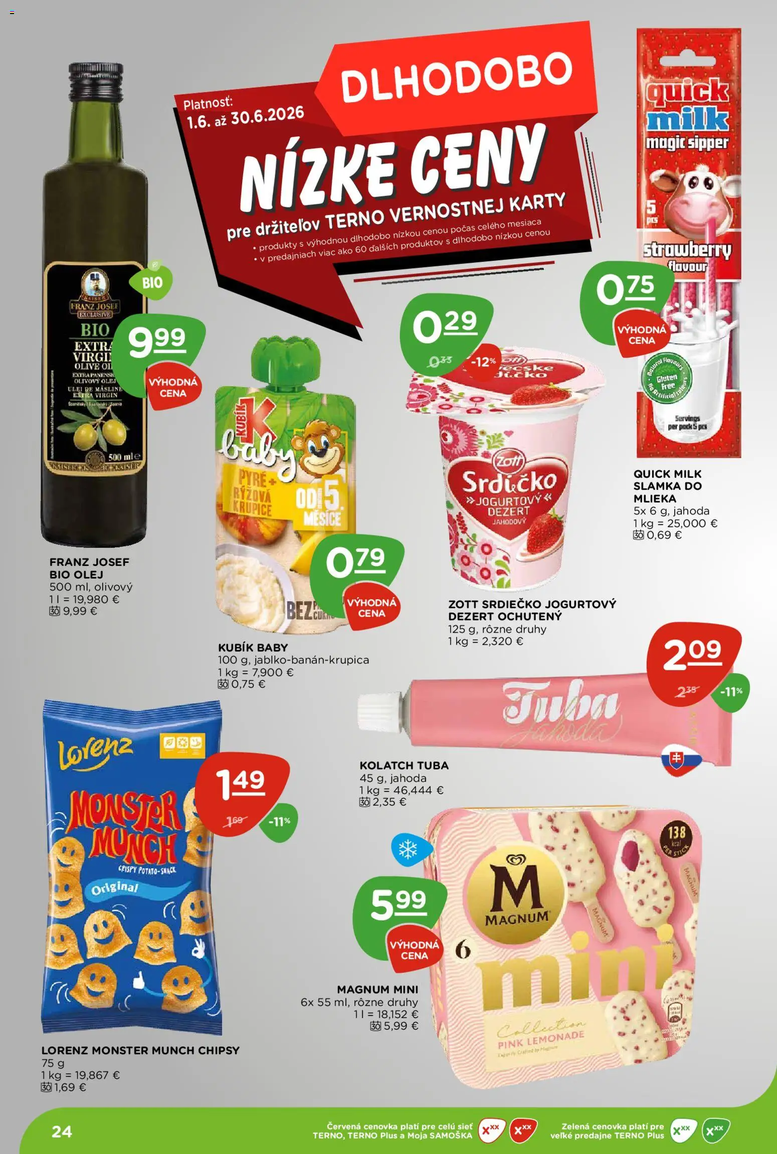 Nové Terno akcie – leták je platný od 18.06.2026 | Strana: 24 | Produkty: Olej, Olivový olej, Magnum, Chipsy
