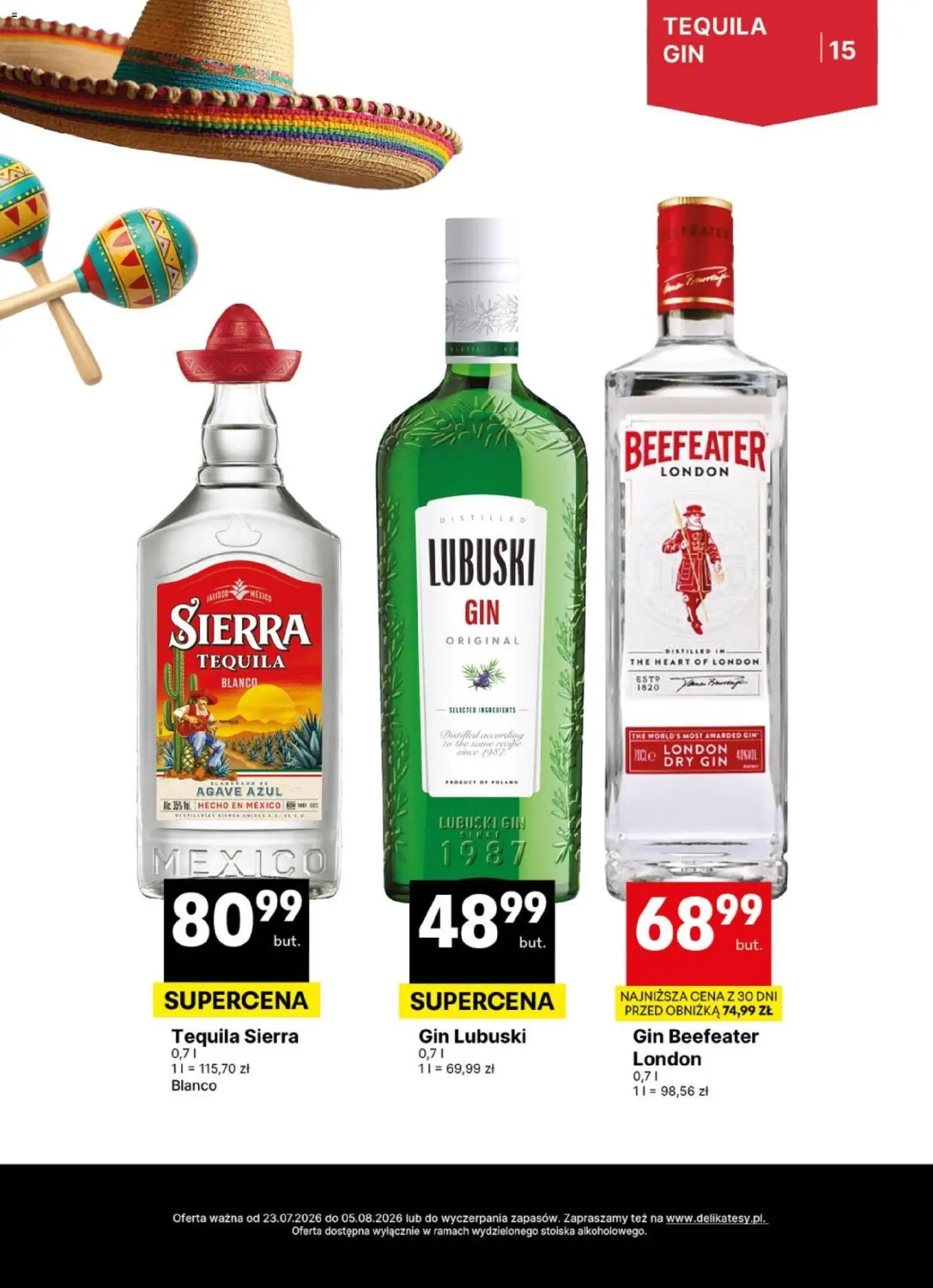 Delikatesy Centrum gazetka - DeliBarek od 23.07.2026 | Strona: 15 | Produkty: Tequila Sierra, Tequila, Beefeater, Gin