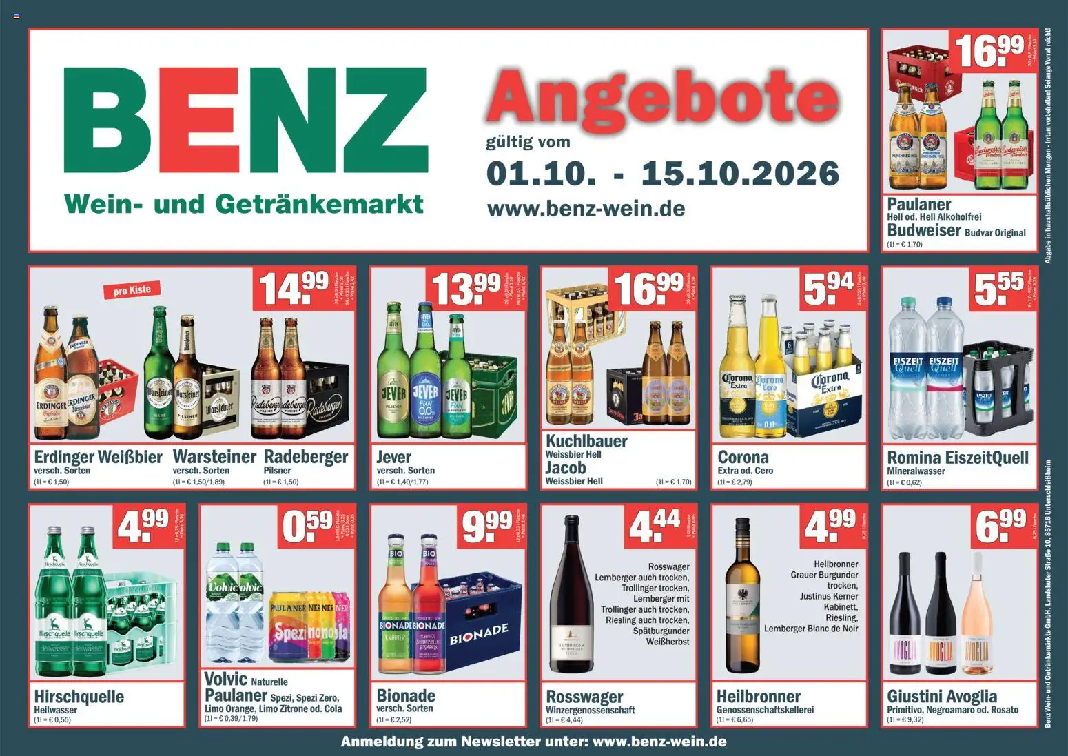 Benz Getränke Prospekt – gültig ab 01.10.2026 | Seite: 1 | Produkte: Erdinger, Weißbier, Budweiser, Paulaner