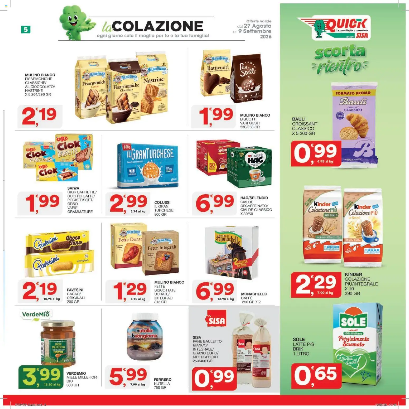 Volantino SISA del 27/08/2026 | Pagina: 5 | Prodotti: Cioccolato, Latte, Nutella, Stampa