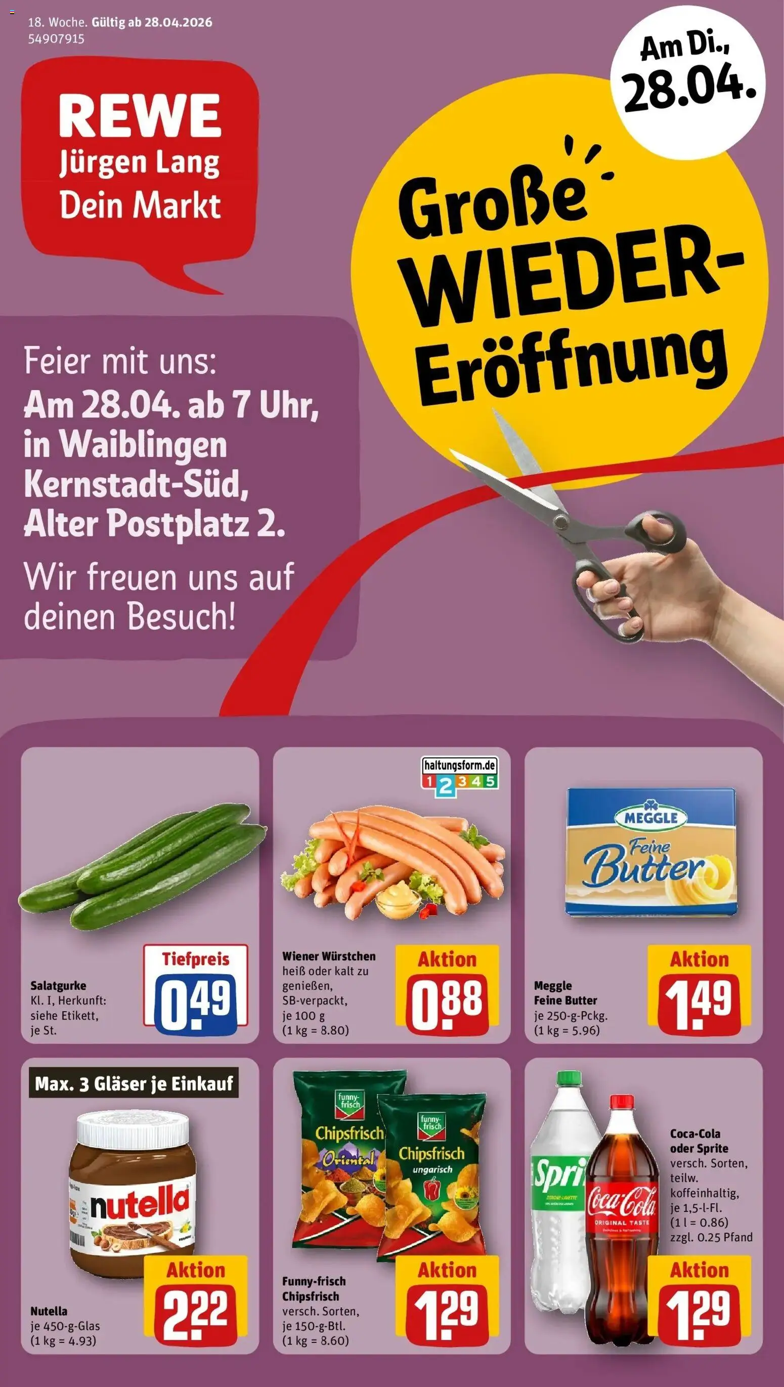 Rewe Prospekt Waiblingen / Kernstadt-Süd	 – gültig ab 27.04.2026 | Seite: 1 | Produkte: Wiener wurstchen, Sprite, Funny frisch, Nutella