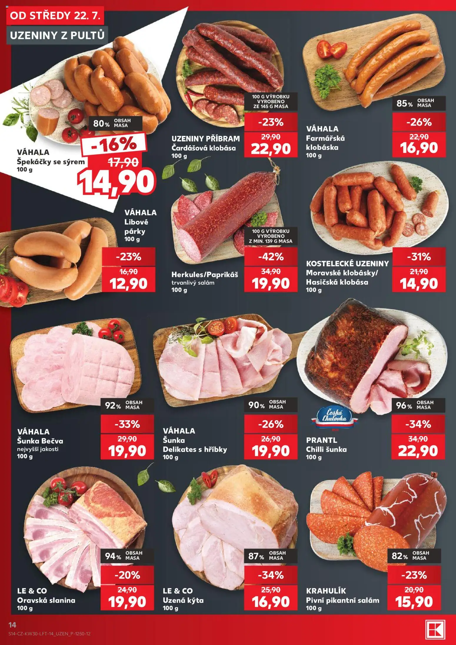 Kaufland leták od 22.07.2026 | Strana: 14 | Produkty: Salám, Špekáčky, Uzeniny, Slanina