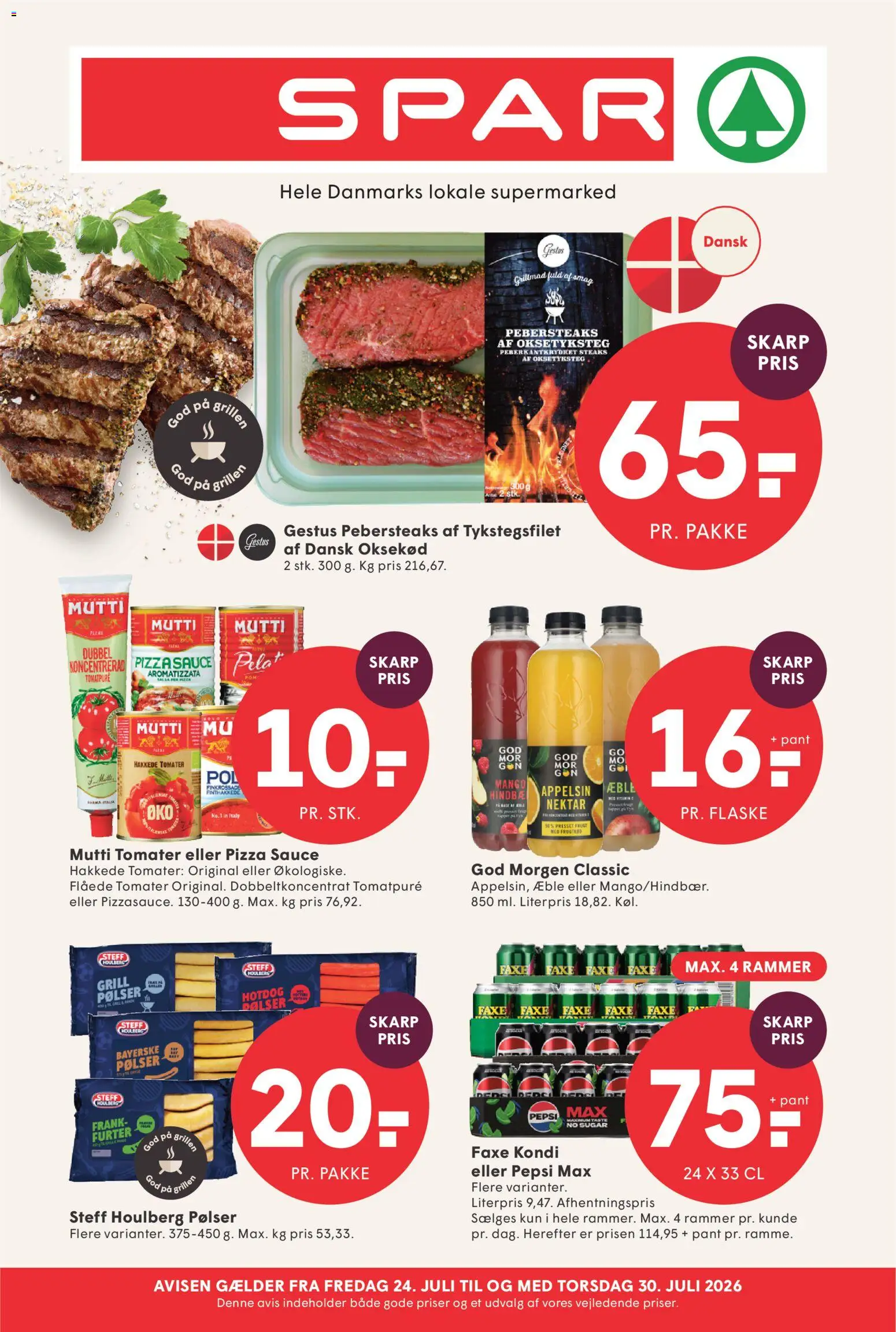 Spar tilbudsavis – gyldig fra 24/07/2026 | Side: 1 | Produkter: Pizza, Tomater, Hakkede tomater, Faxe Kondi