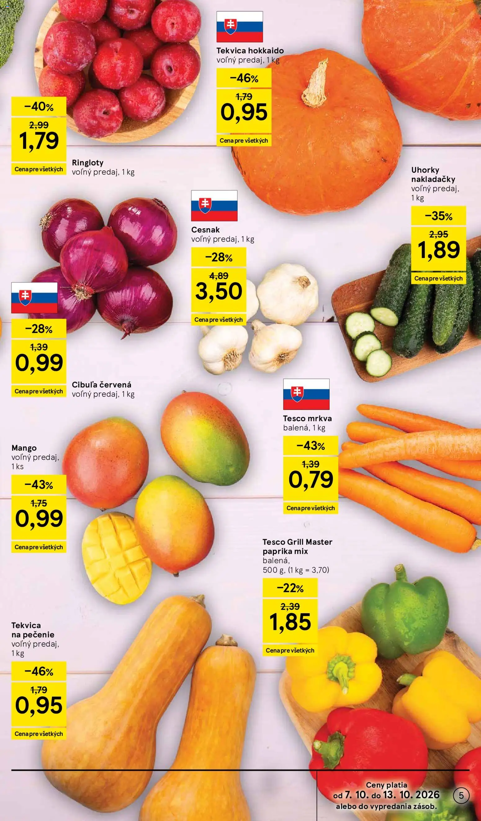 Nové Tesco akcie – leták je platný od 07.10.2026 | Strana: 5 | Produkty: Cesnak, Mango, Uhorky, Tekvica