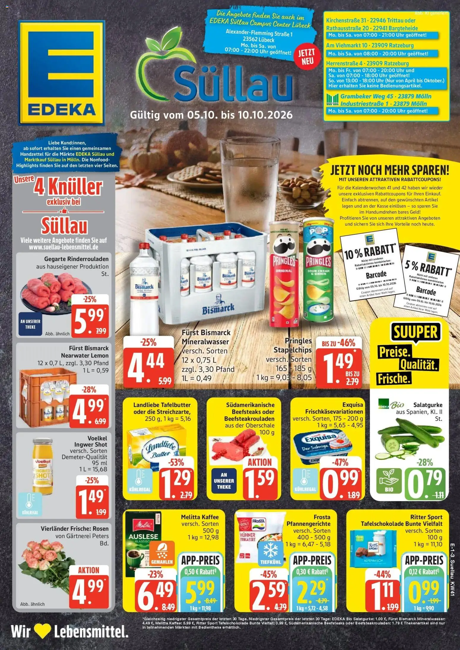 Edeka Prospekt Lübeck (ab 05.10.2026) » Angebote Online | Seite: 1 | Produkte: Rinderrouladen, Melitta, Butter, Uhr